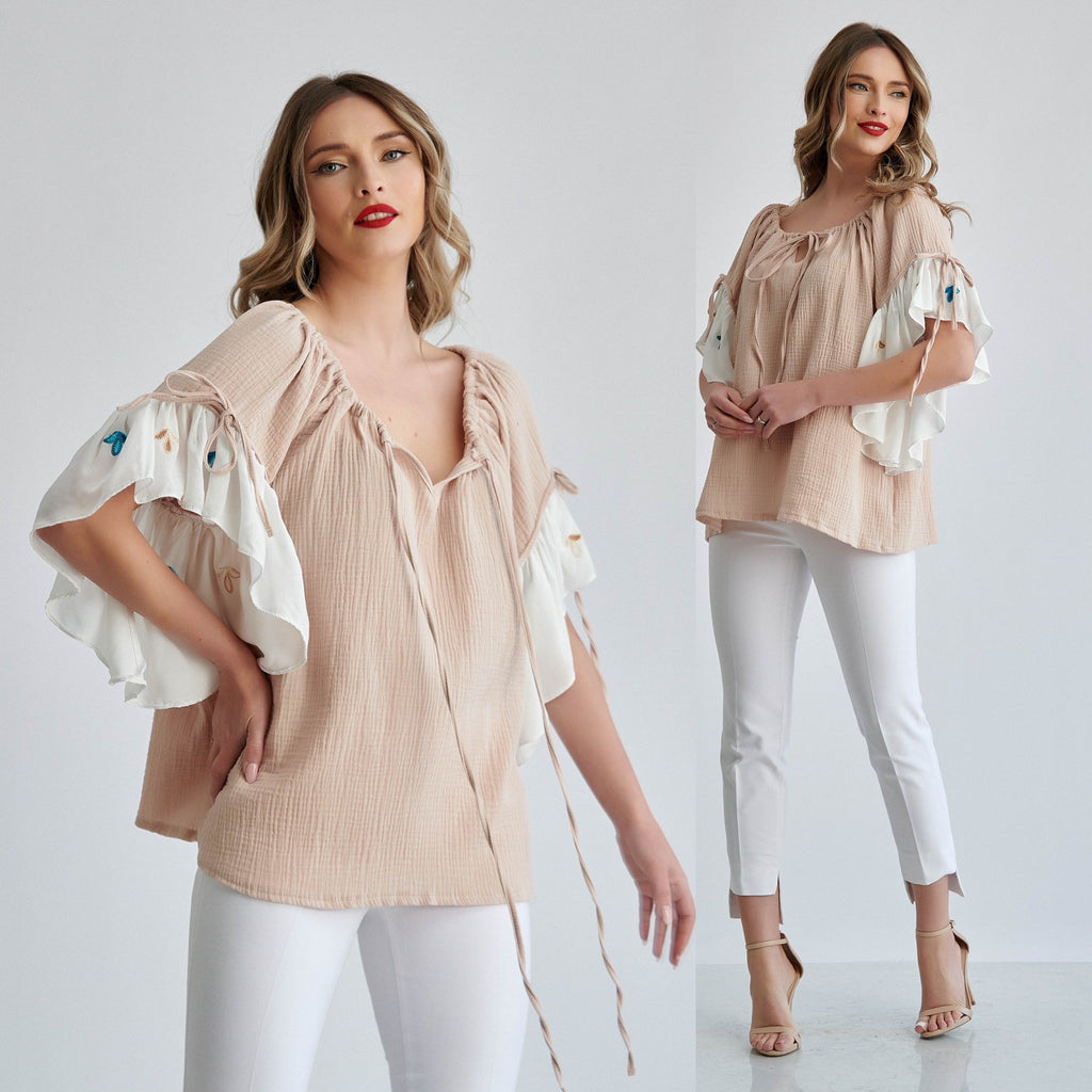 IE Nationala crem din panza topita, tip ie tradionala cu maneci brodate - crem 13