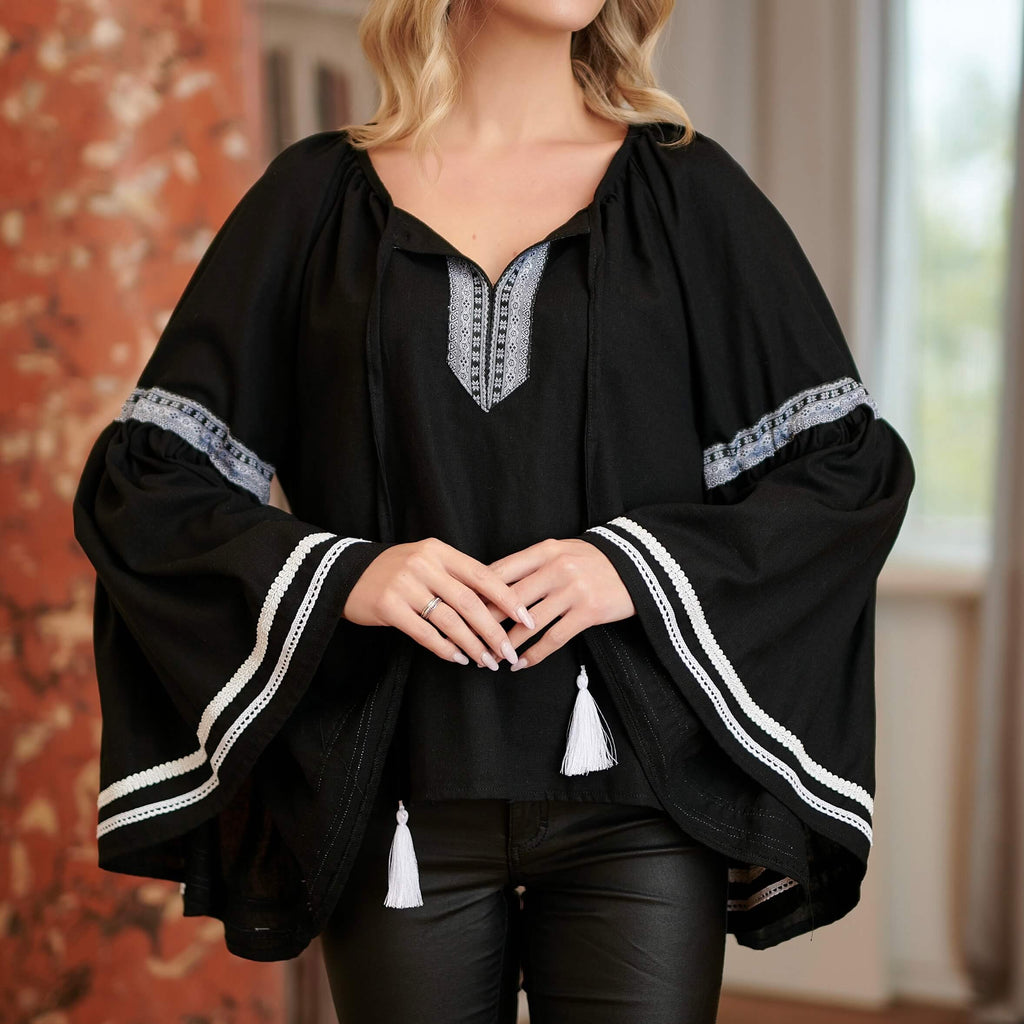 IE Nationala pretioasa din in natural negru, maneci evazate, accesorizate cu dantela - Maria 04