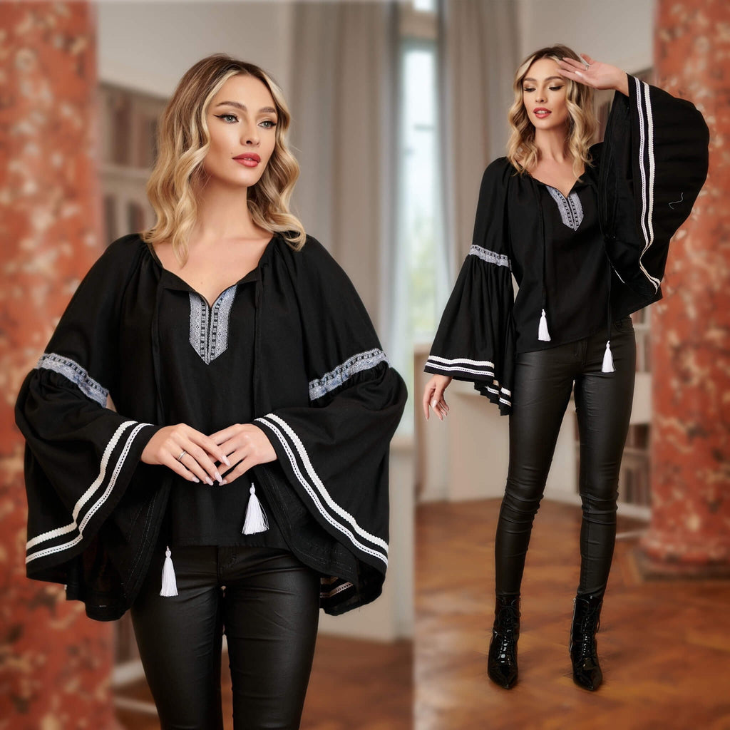 IE Nationala pretioasa din in natural negru, maneci evazate, accesorizate cu dantela - Maria 04