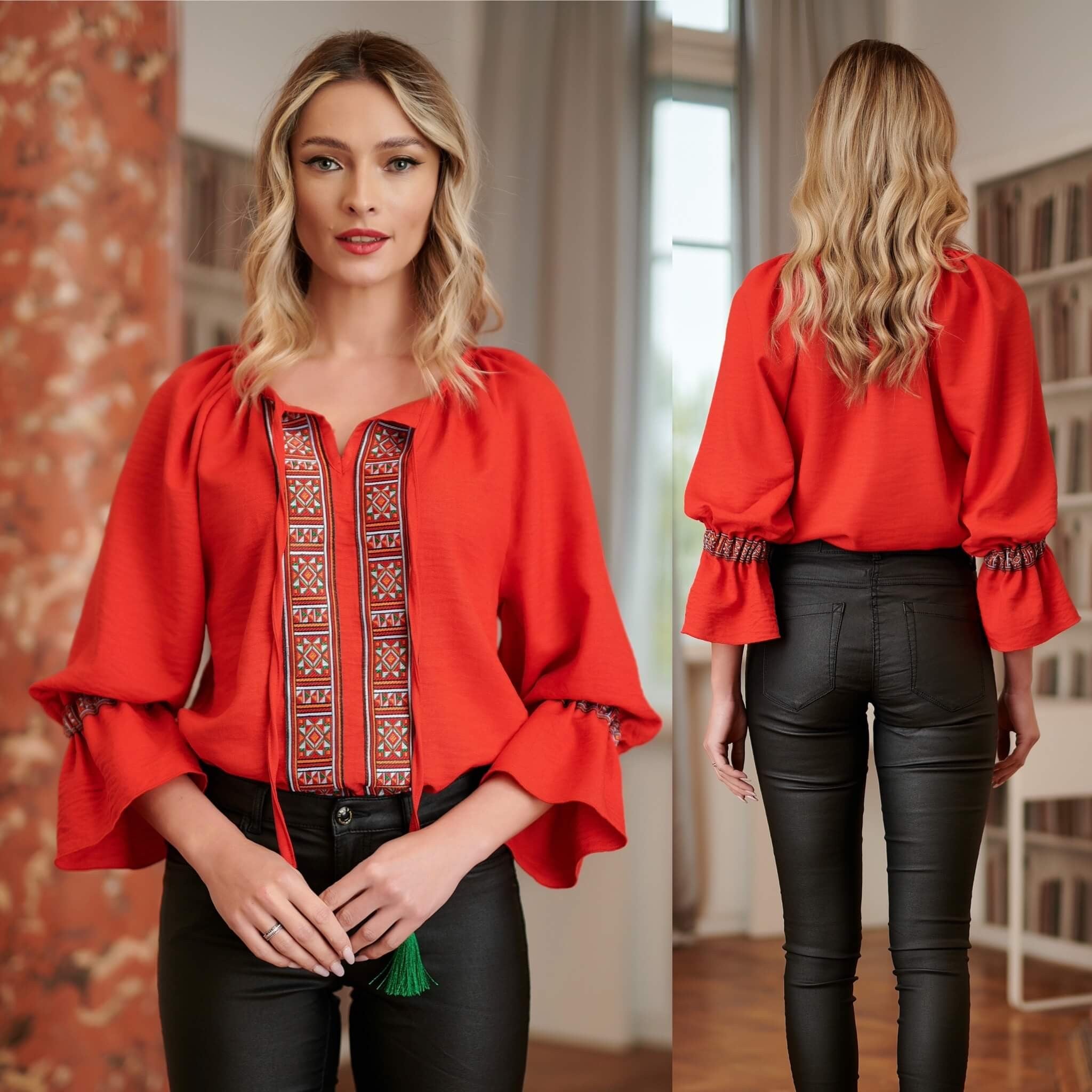 IE Nationala rosie din in natural , stilizata modern si banda tesuta cu motive traditionale - Eva 02