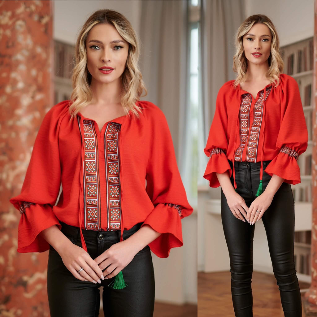 IE Nationala rosie din in natural , stilizata modern si banda tesuta cu motive traditionale - Eva 02