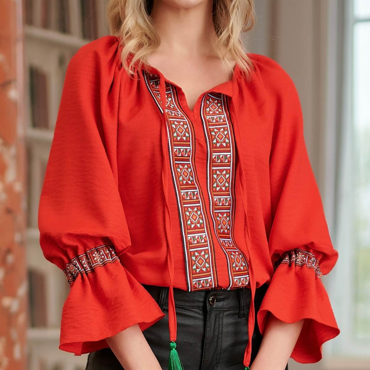 IE Nationala rosie din in natural , stilizata modern si banda tesuta cu motive traditionale - Eva 02