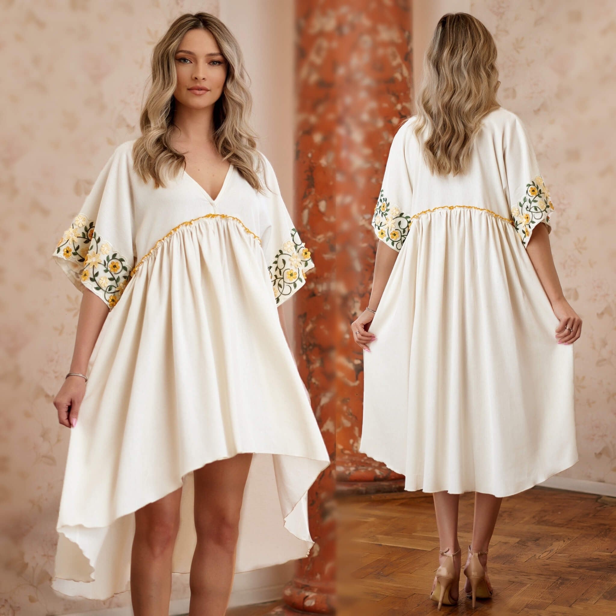 Rochie crem din panza de in natural cu dantela florala brodata - Silvia