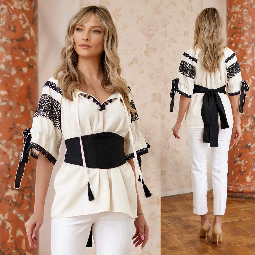 SET - IE Nationala ivory din in natural si brau negru - Valeria 03