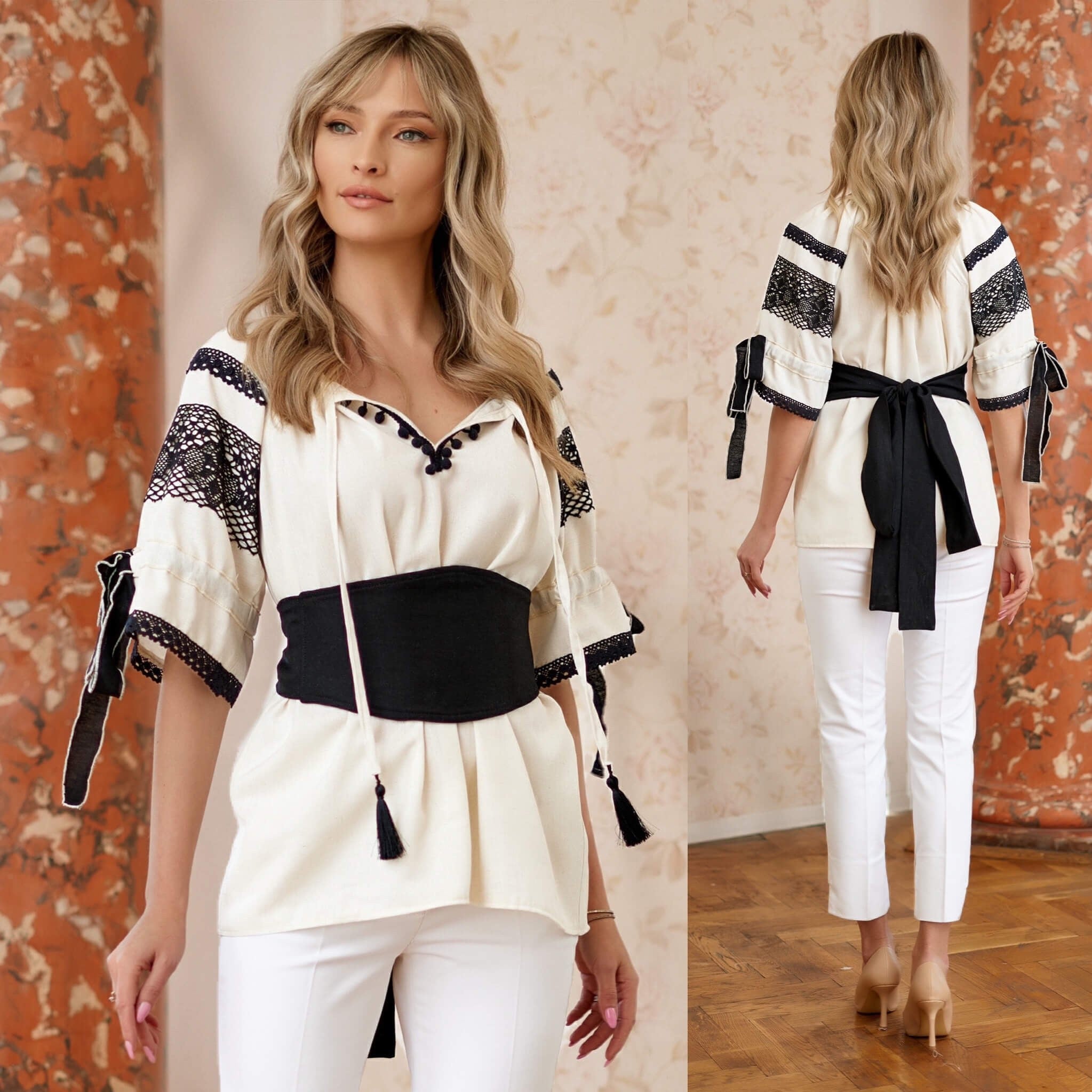 SET - IE Nationala ivory din in natural si brau negru - Valeria 03