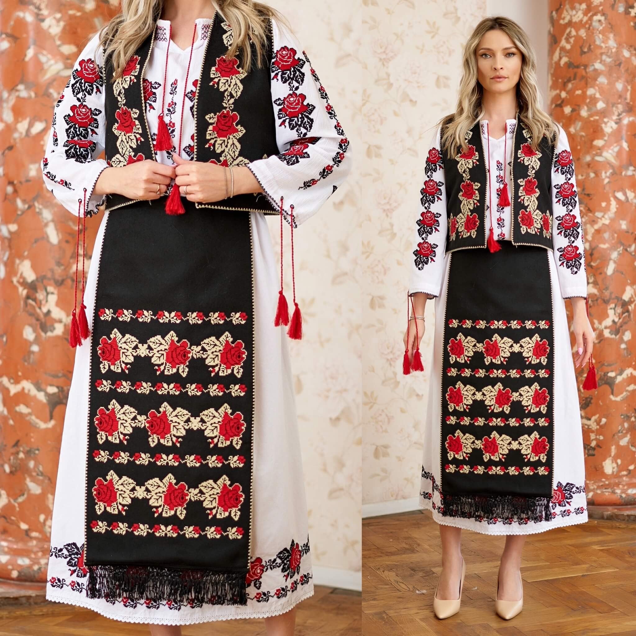 Costum Popular cu 4 piese, model Traditional cu broderie florala - Florentina