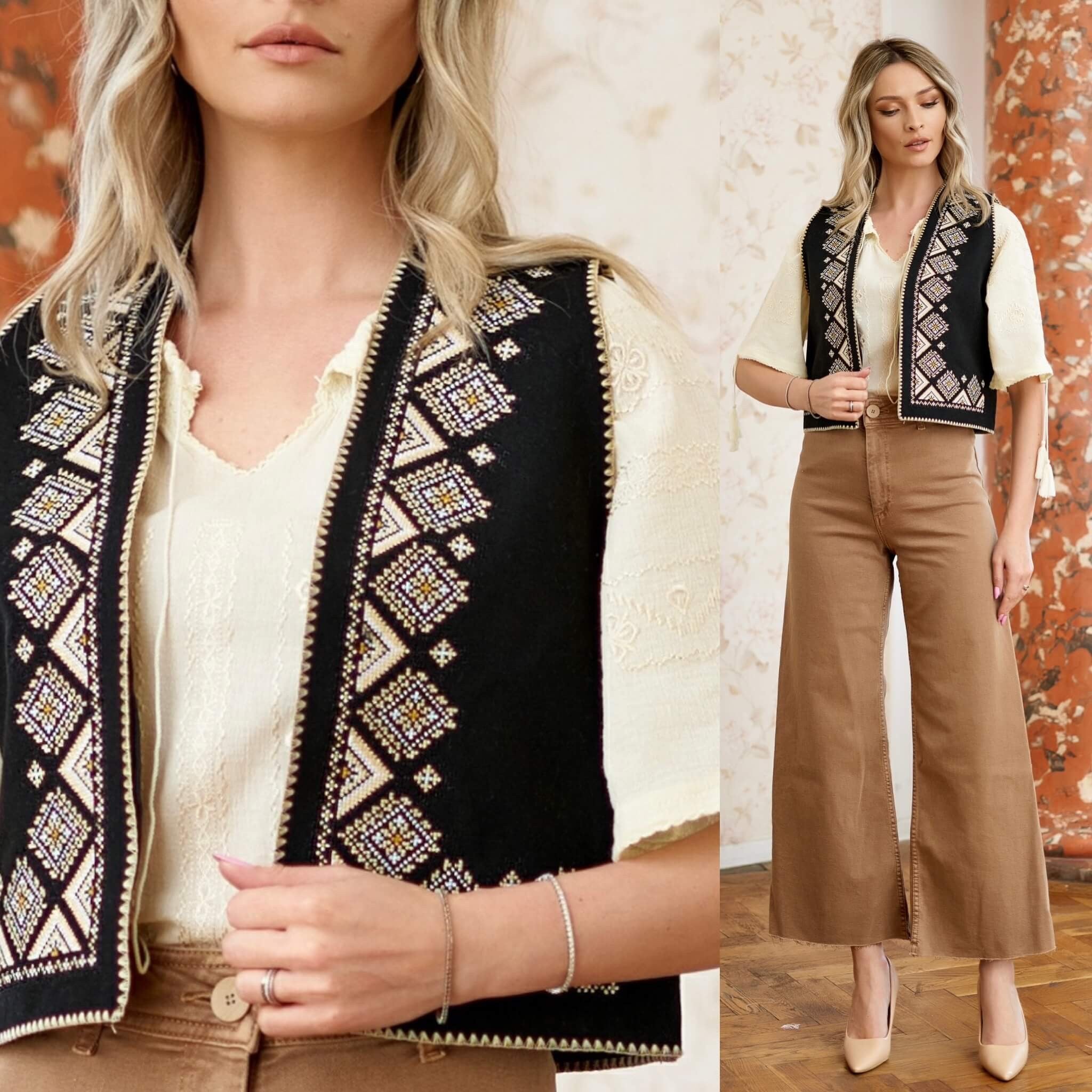 Vesta Traditionala cu broderie geometrica - Romb negru