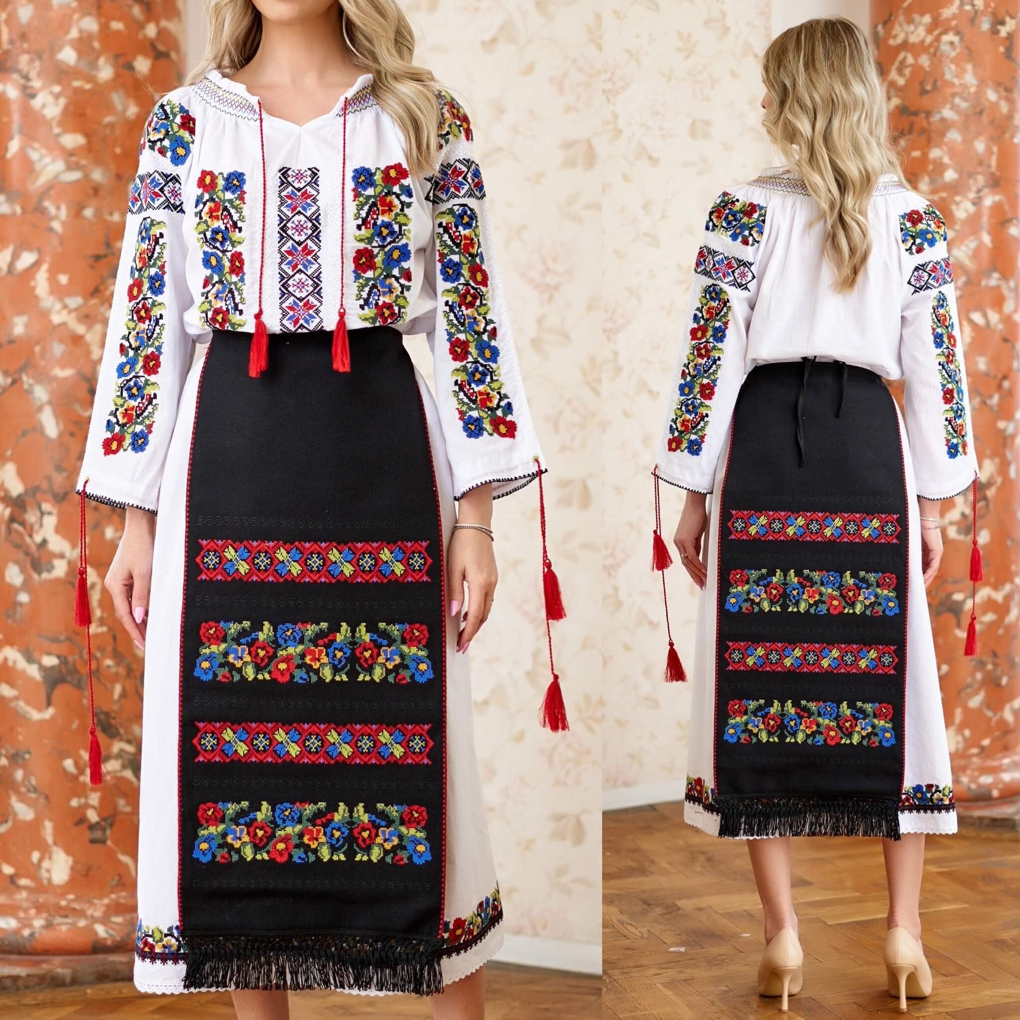 Set costum Popular, Traditional cu 3 piese si broderie florala - Madalina