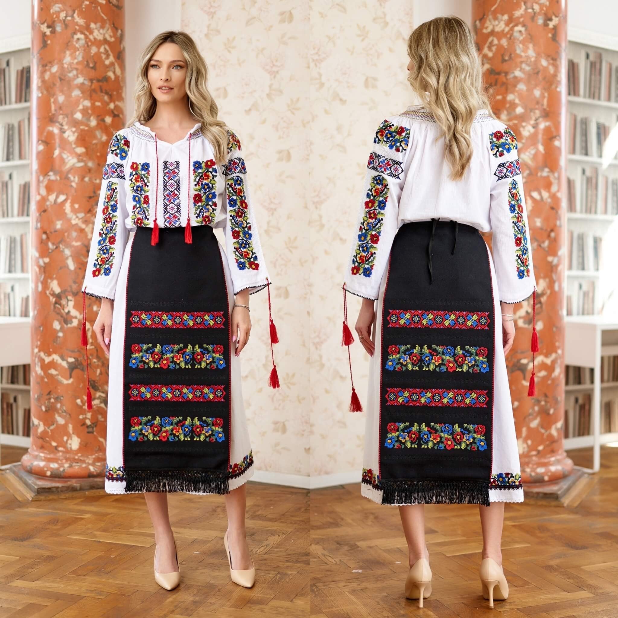 Set costum Popular, Traditional cu 3 piese si broderie florala - Madalina