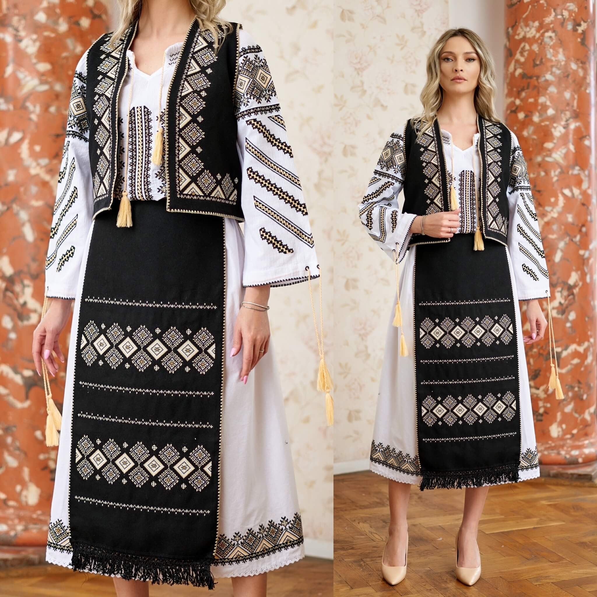 Costum Popular Traditional, 4 piese, cu broderie geometrica - Romb