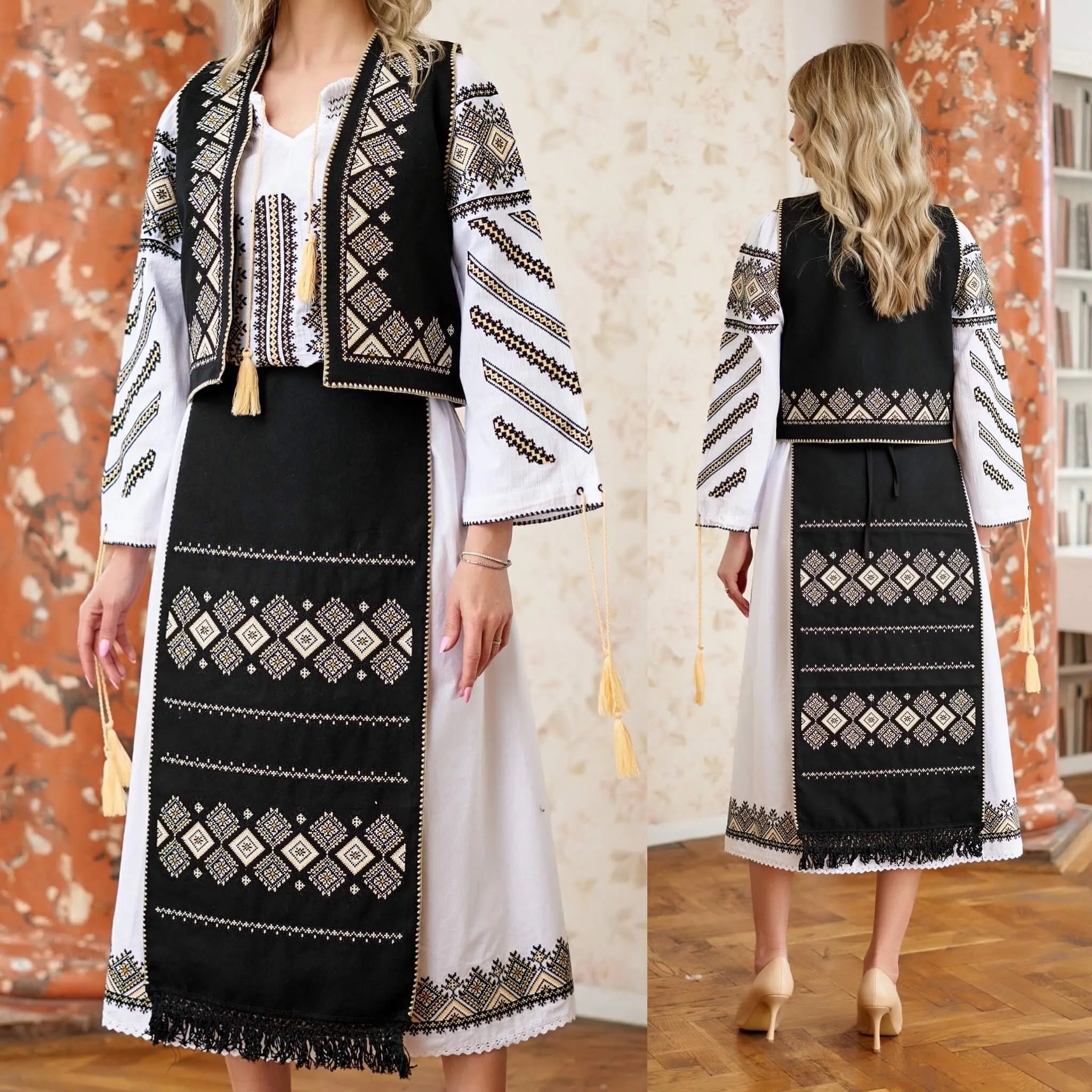 Costum Popular Traditional, 4 piese, cu broderie geometrica - Romb