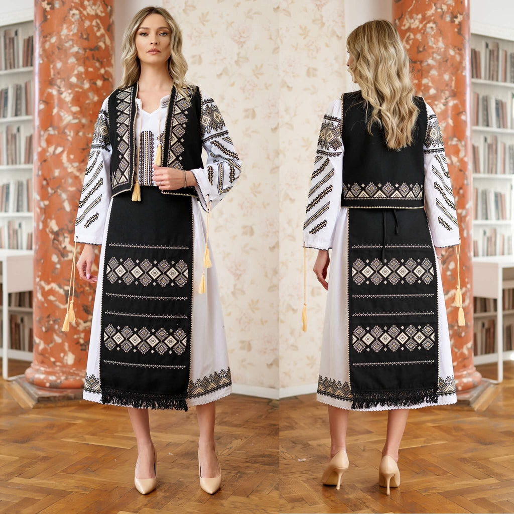 Costum Popular Traditional, 4 piese, cu broderie geometrica - Romb