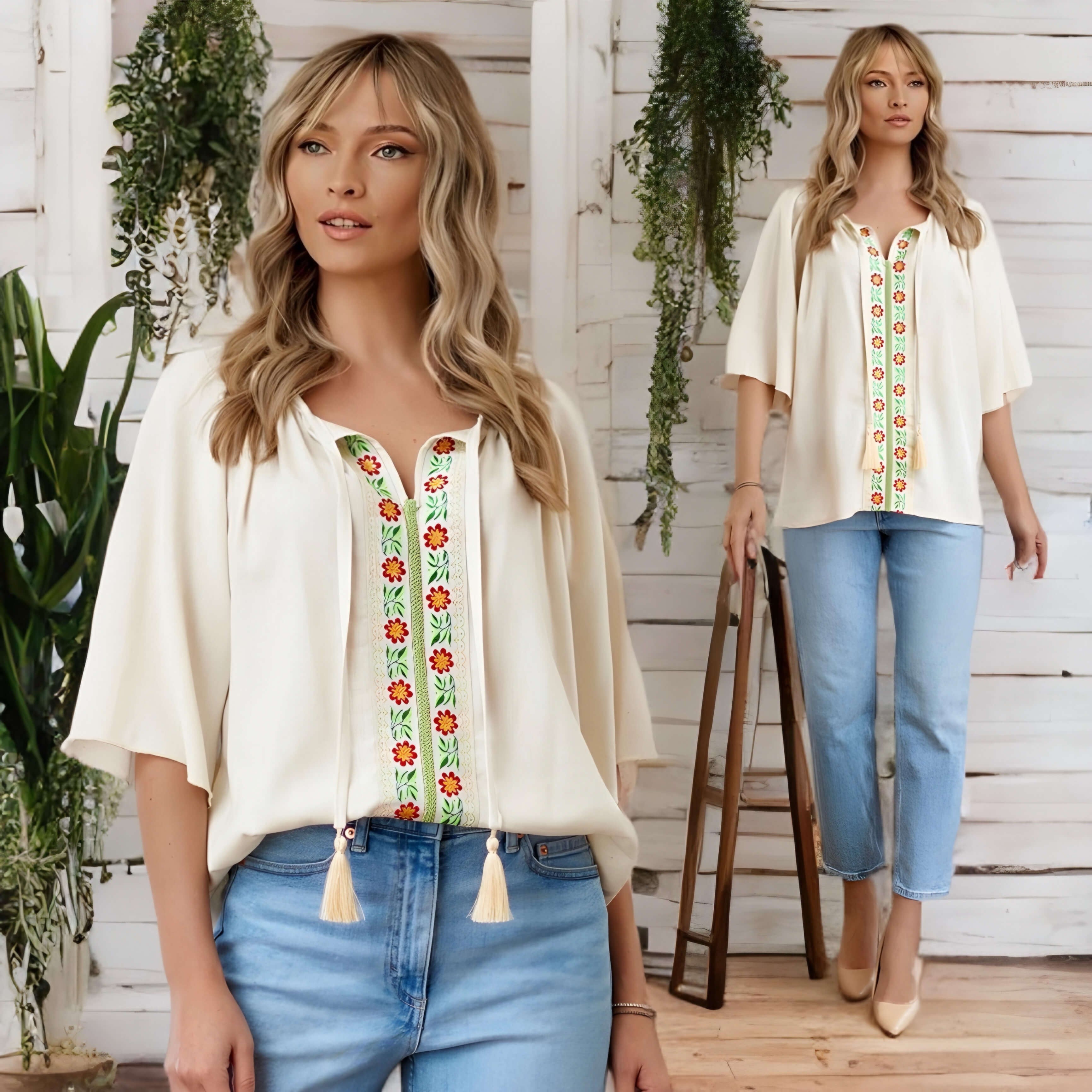 IE Nationala crem din IN NATURAL cu motive florale tesute - Denisa