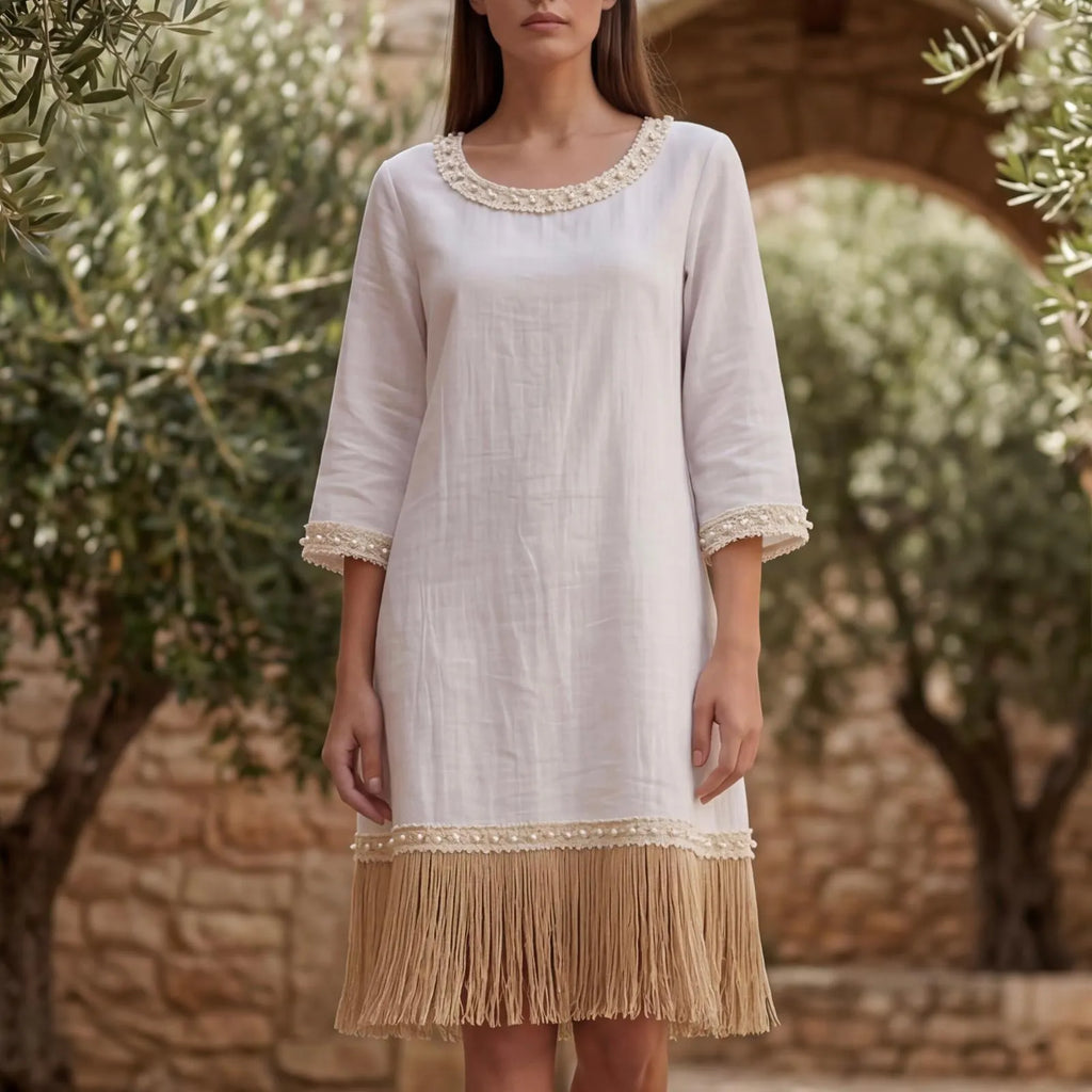 Rochie alba din panza topita cu franjuri - Monica 02