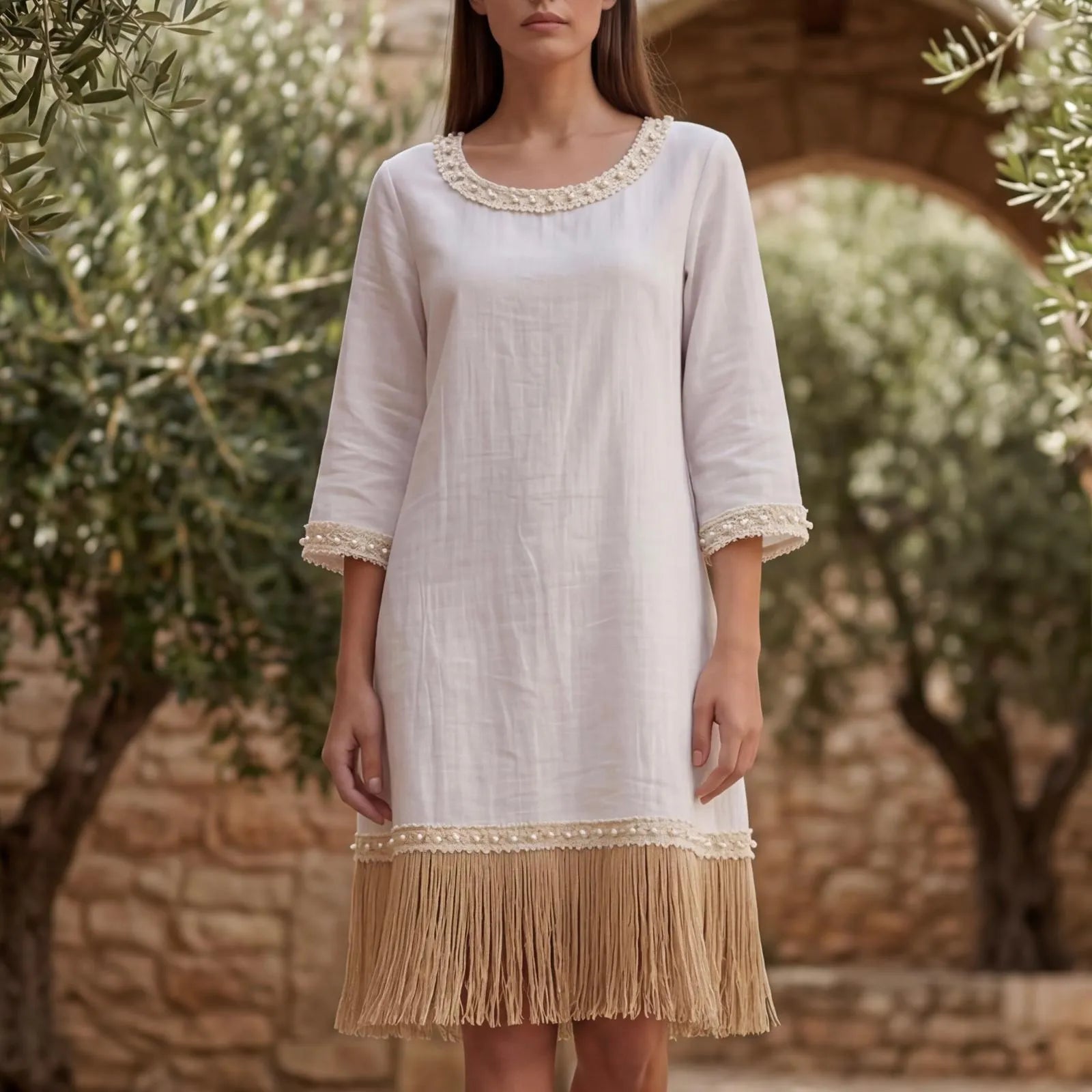Rochie alba din panza topita cu franjuri - Monica 02