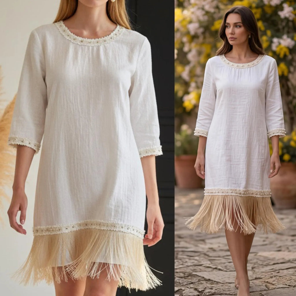 Rochie alba din panza topita cu franjuri - Monica 02