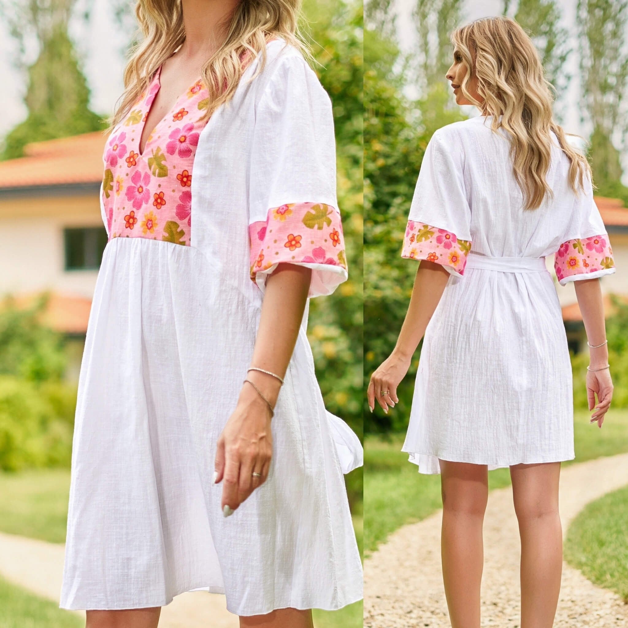 Rochie - Tunica alba din panza topita cu flori - Adela 03