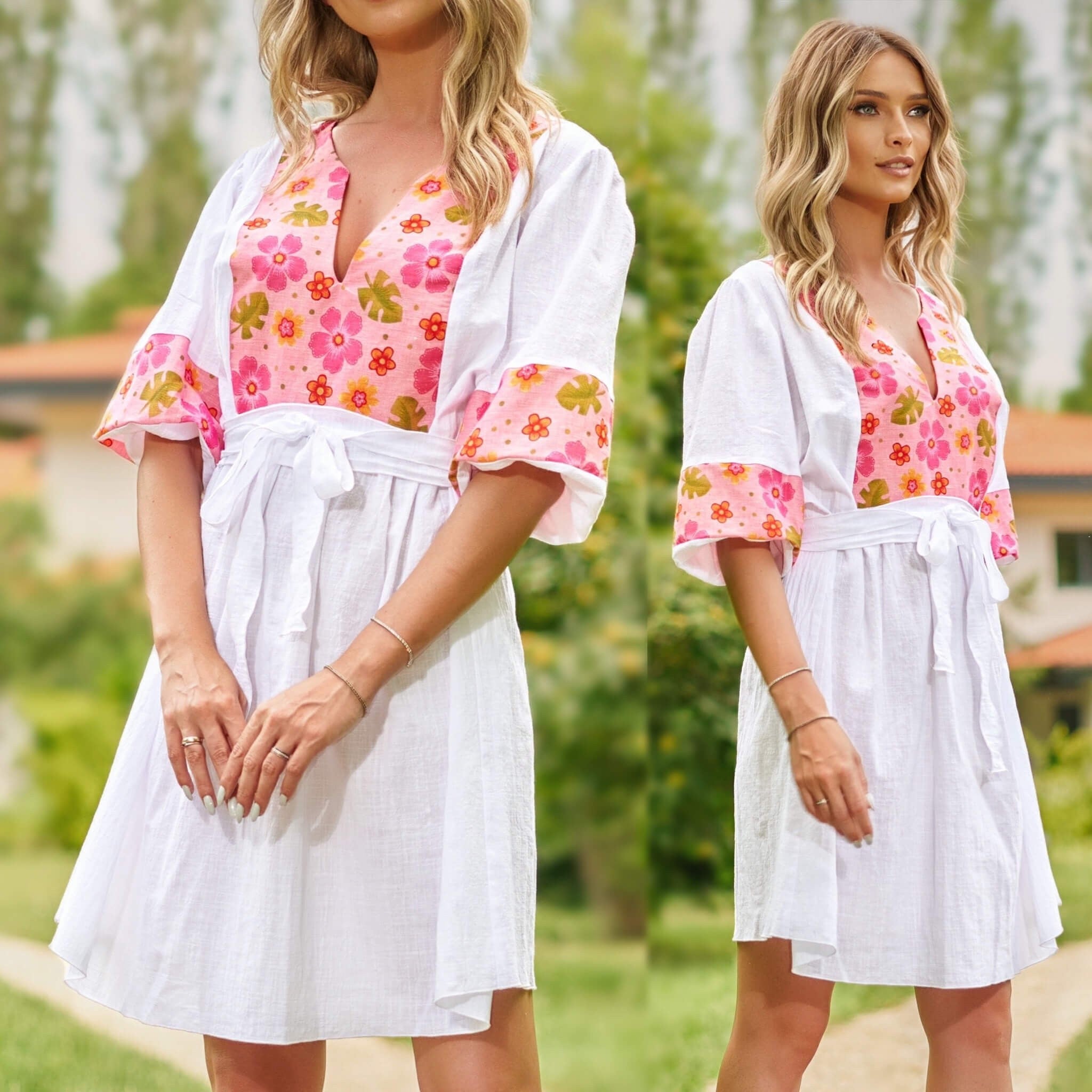 Rochie - Tunica alba din panza topita cu flori - Adela 03
