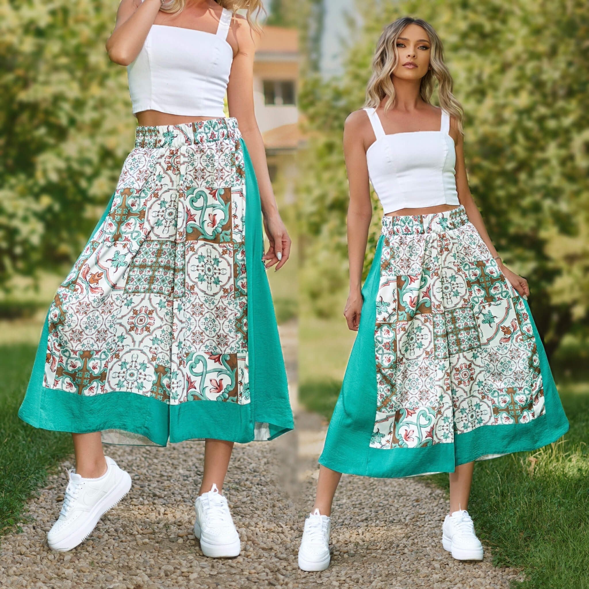 Pantaloni din Matase Naturala cu imprimeu turcoaz - Elena 01