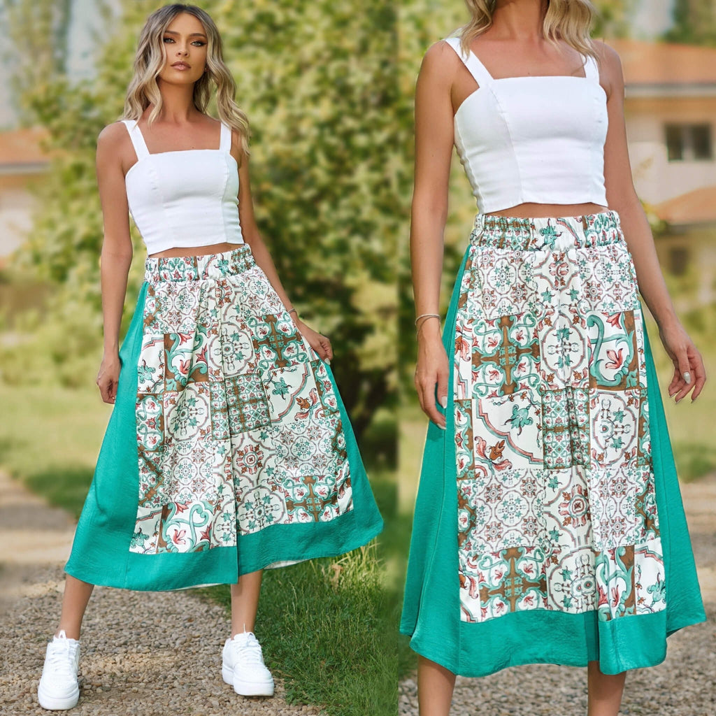 Pantaloni din Matase Naturala cu imprimeu turcoaz - Elena 01
