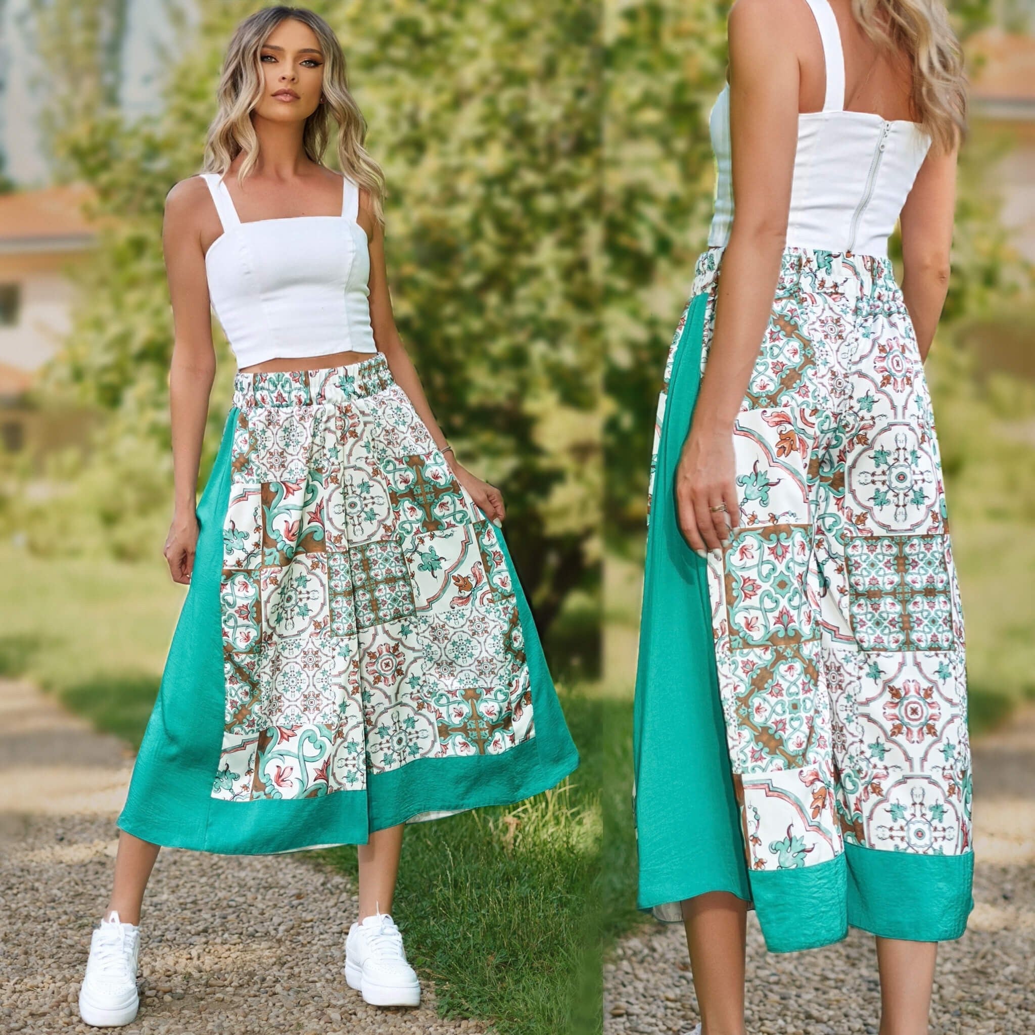 Pantaloni din Matase Naturala cu imprimeu turcoaz - Elena 01