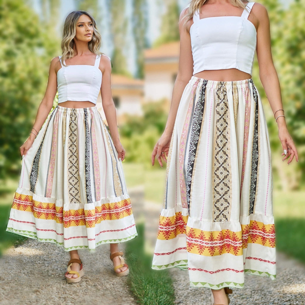 Fusta Nationala crem din panza de in natural cu jacquard traditional - Nicolle
