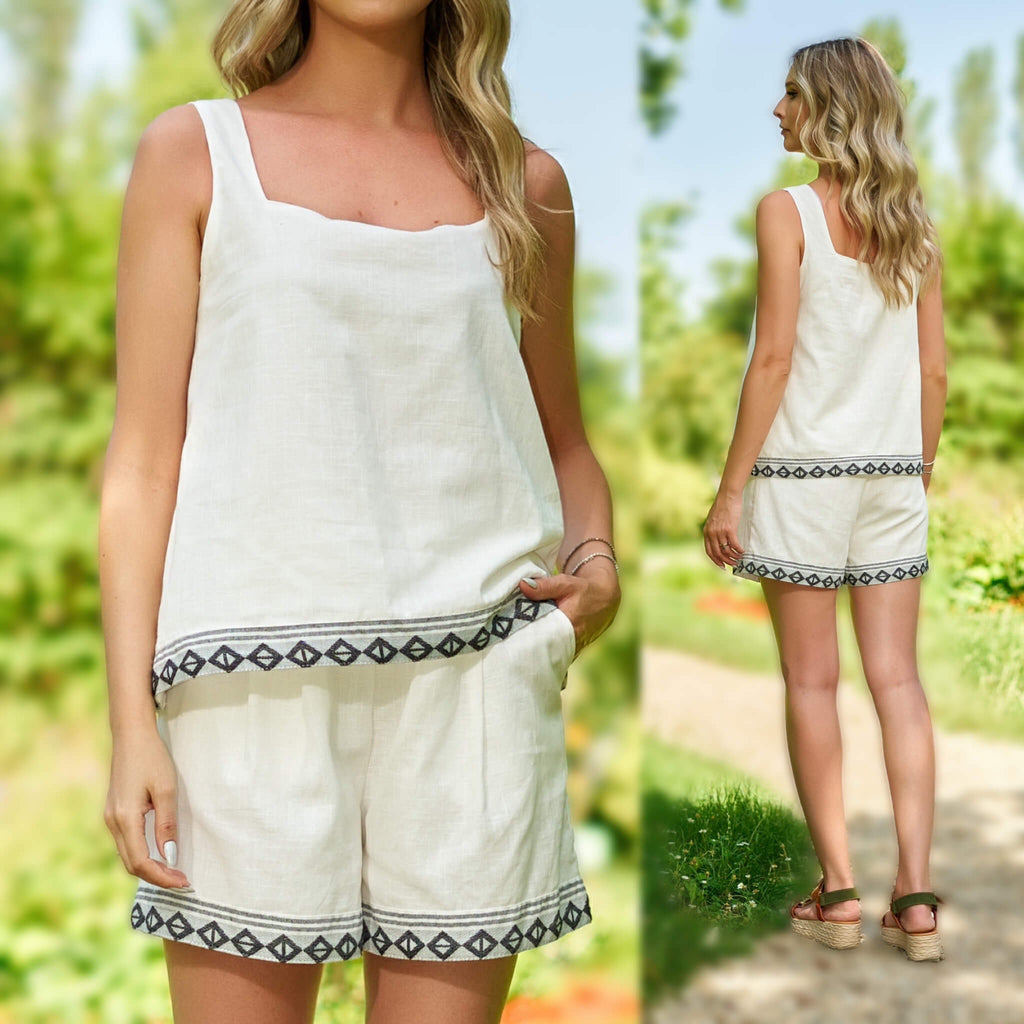 Set Bluza si pantaloni scurti din in alb cu jacquard traditional - Sofia 03