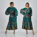 Rochie Nationala verde cu print floral si trei volane - Roxana 01