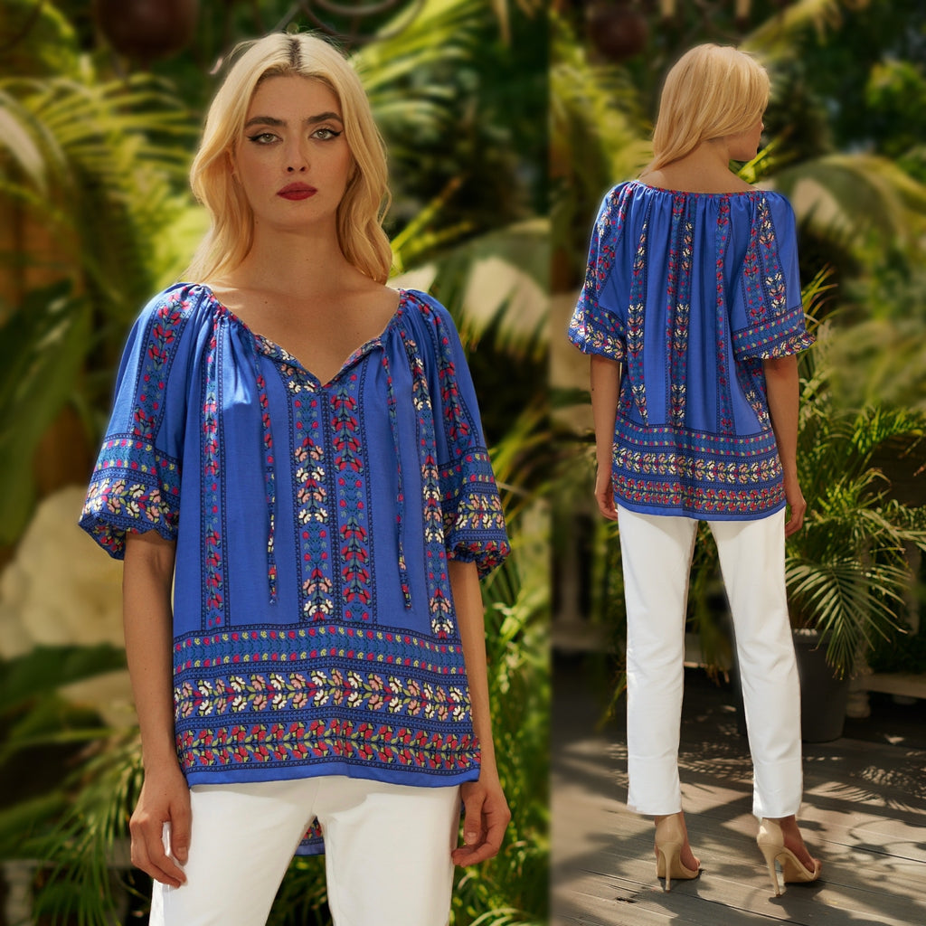 Bluza albastra, tip ie, cu croi modern si imprimeu cu motive traditionale stilizate - Sorana 03