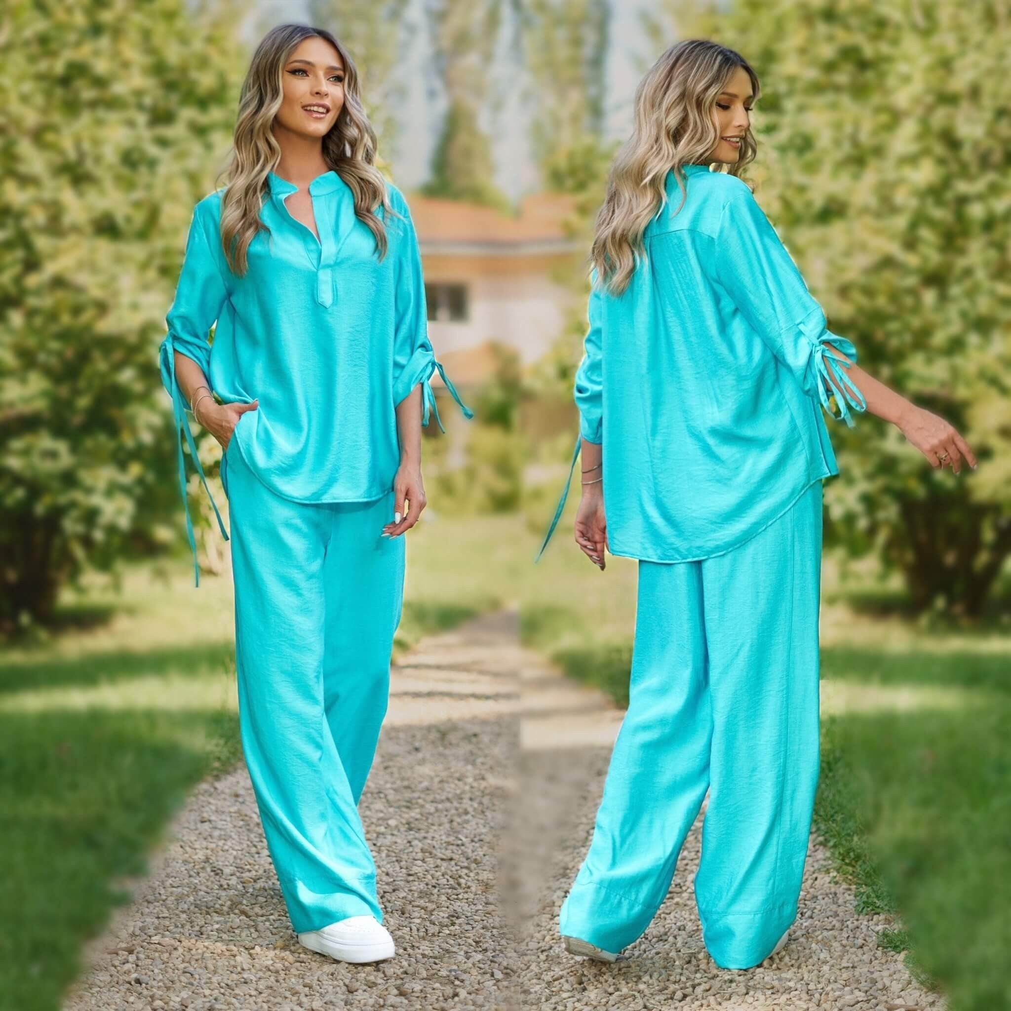 Set Bluza si Pantaloni din panza topita turcoaz - Sandra 03