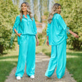 Set Bluza si Pantaloni din panza topita turcoaz - Sandra 03