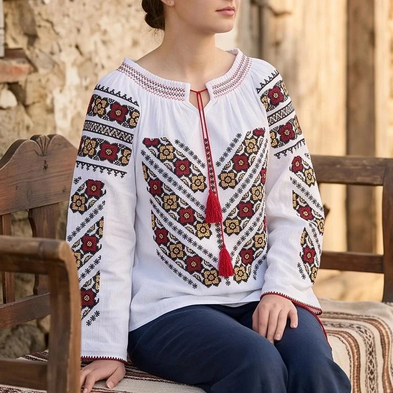 IE Traditionala alba cu maneca lunga si flori brodate - Valentina