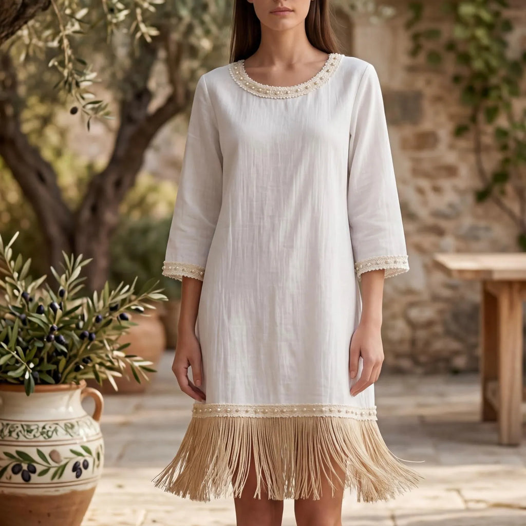 Rochie alba din panza topita cu franjuri - Monica 02