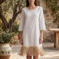 Rochie alba din panza topita cu franjuri - Monica 02