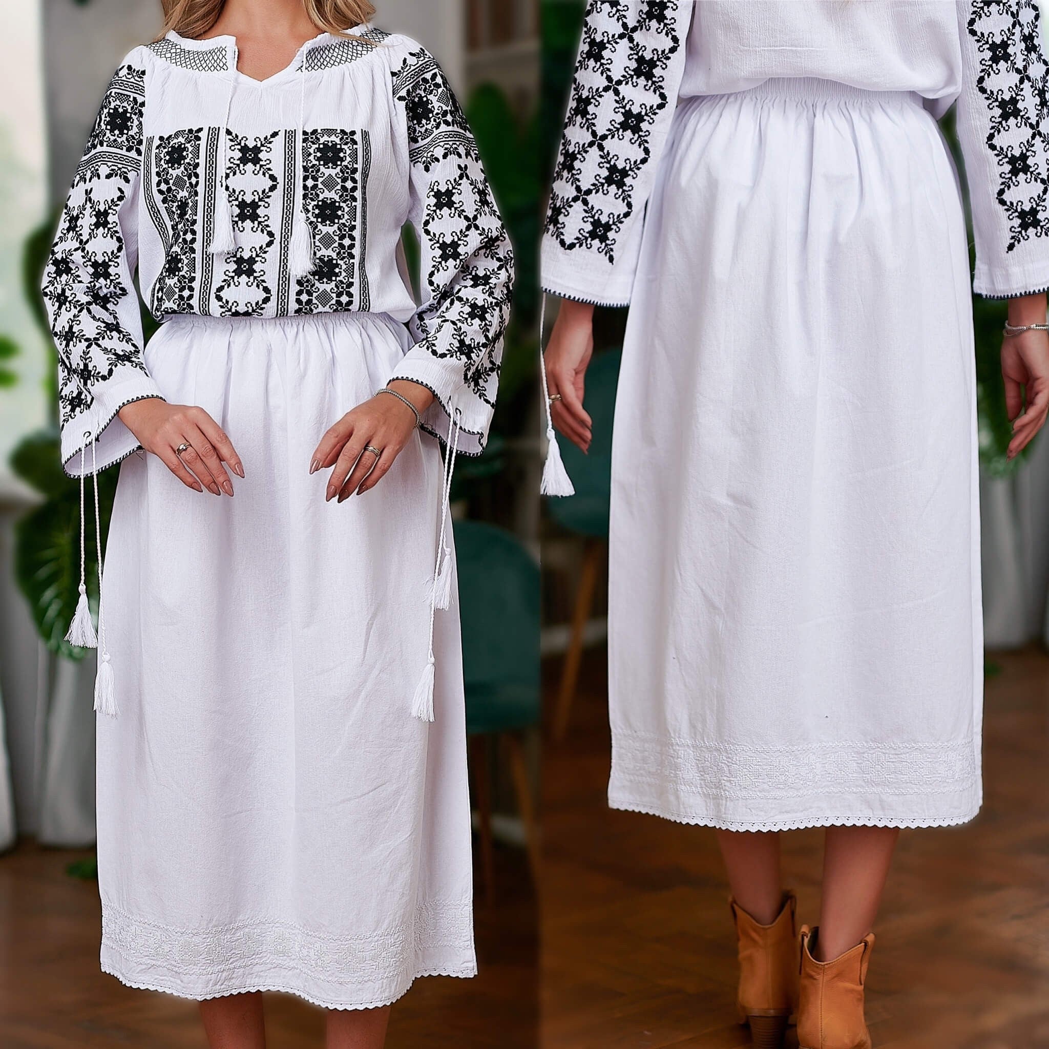 Fusta Traditionala, lunga cu broderie alba - Alma