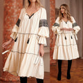 Rochie Traditionala crem din in natural 100%, cu maneci ample si dantela neagra - Nicolle