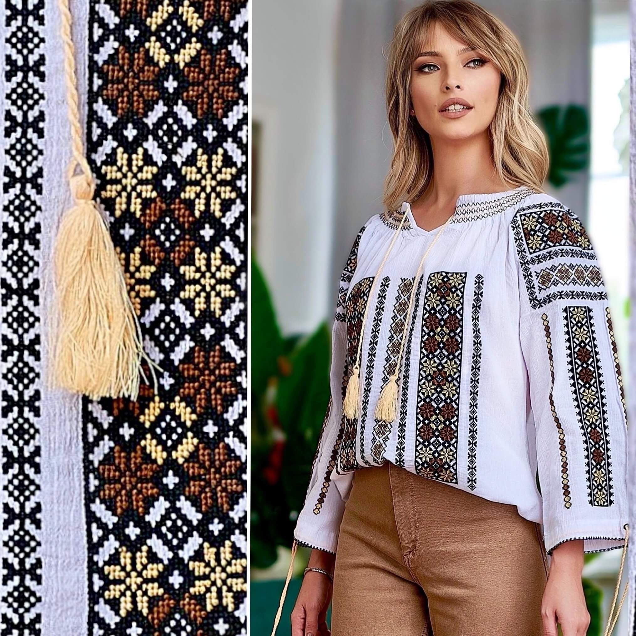 IE Traditionala alba cu broderie geometrica - Laura