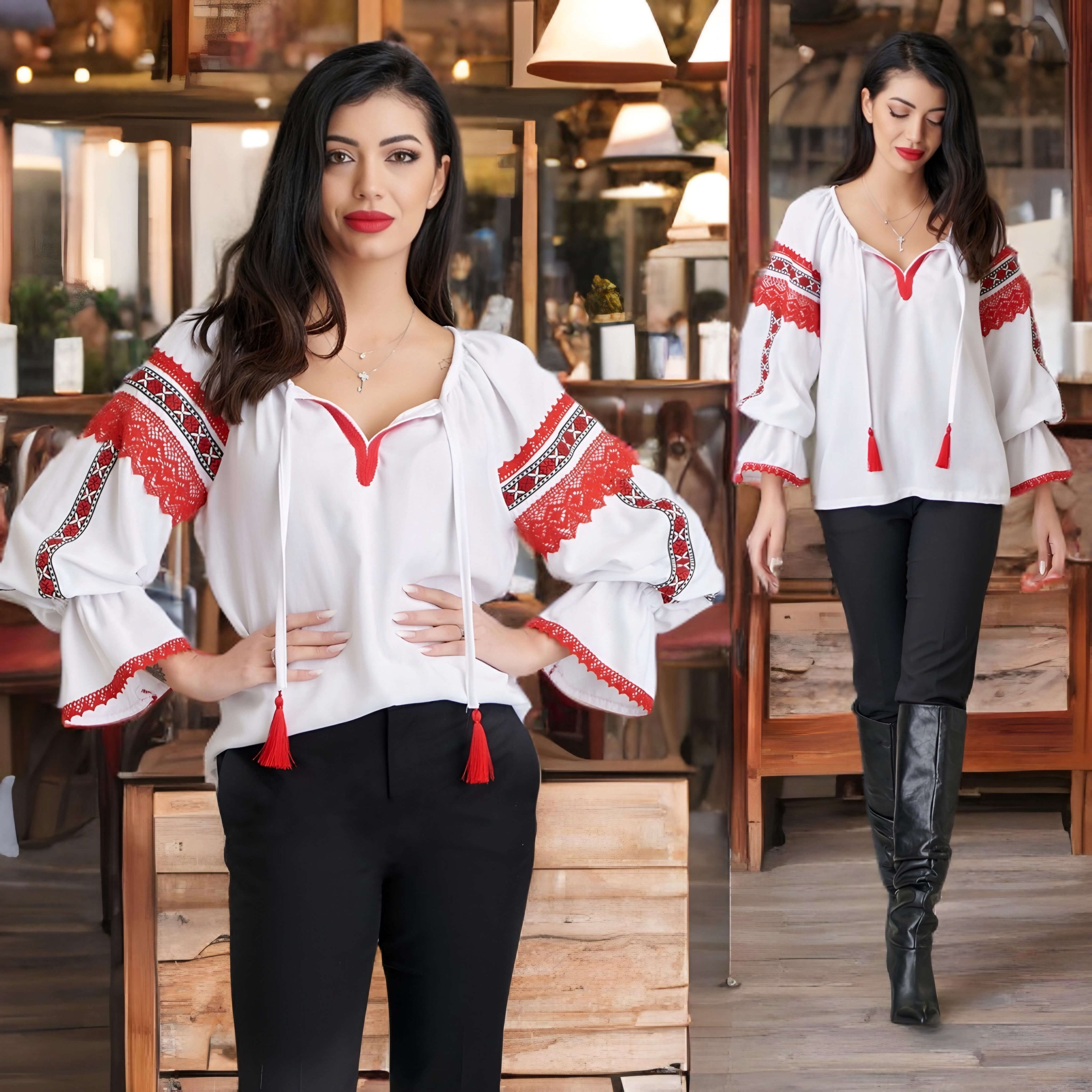 IE Nationala din in natural alb si dantela rosie - Diana 02