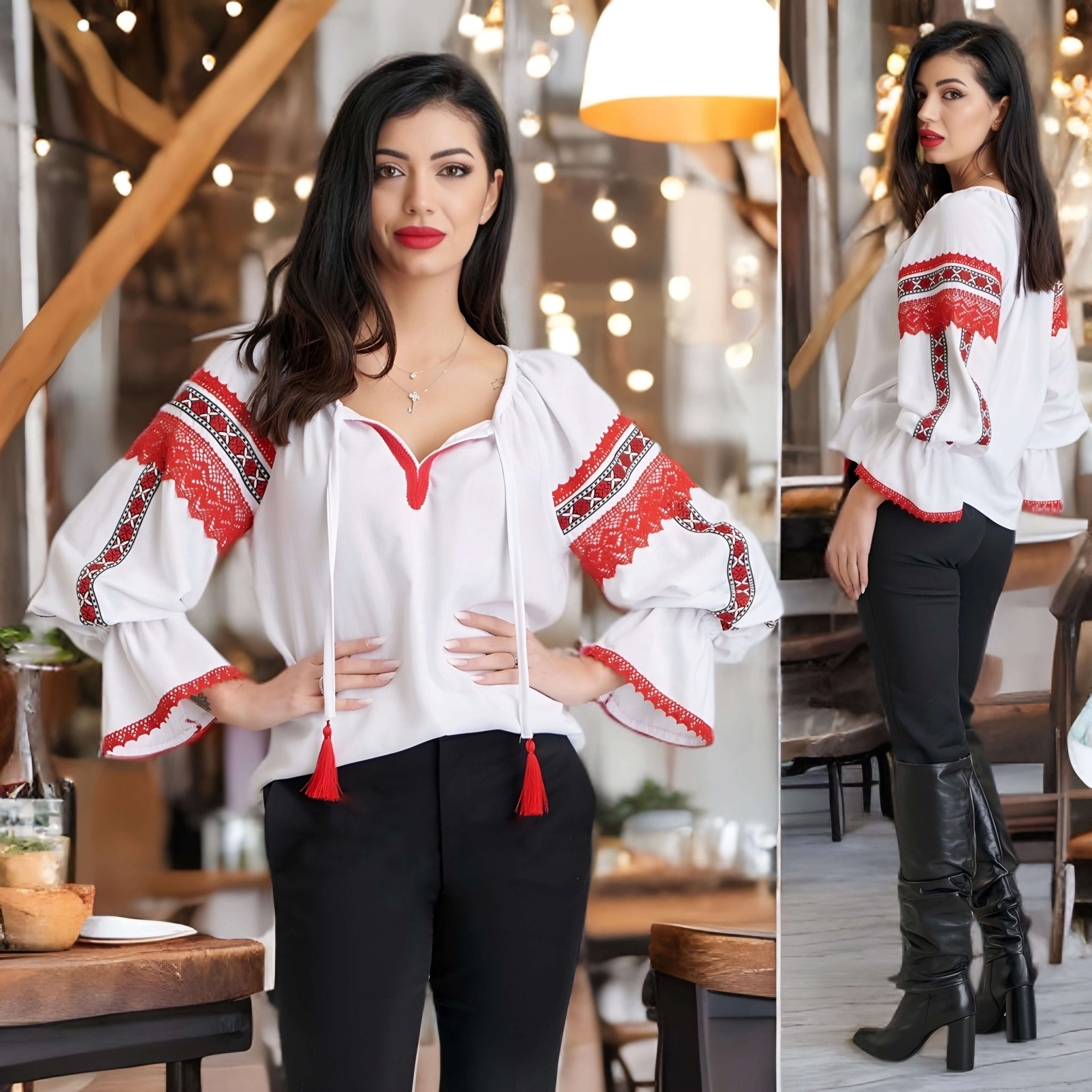 IE Nationala din in natural alb si dantela rosie - Diana 02