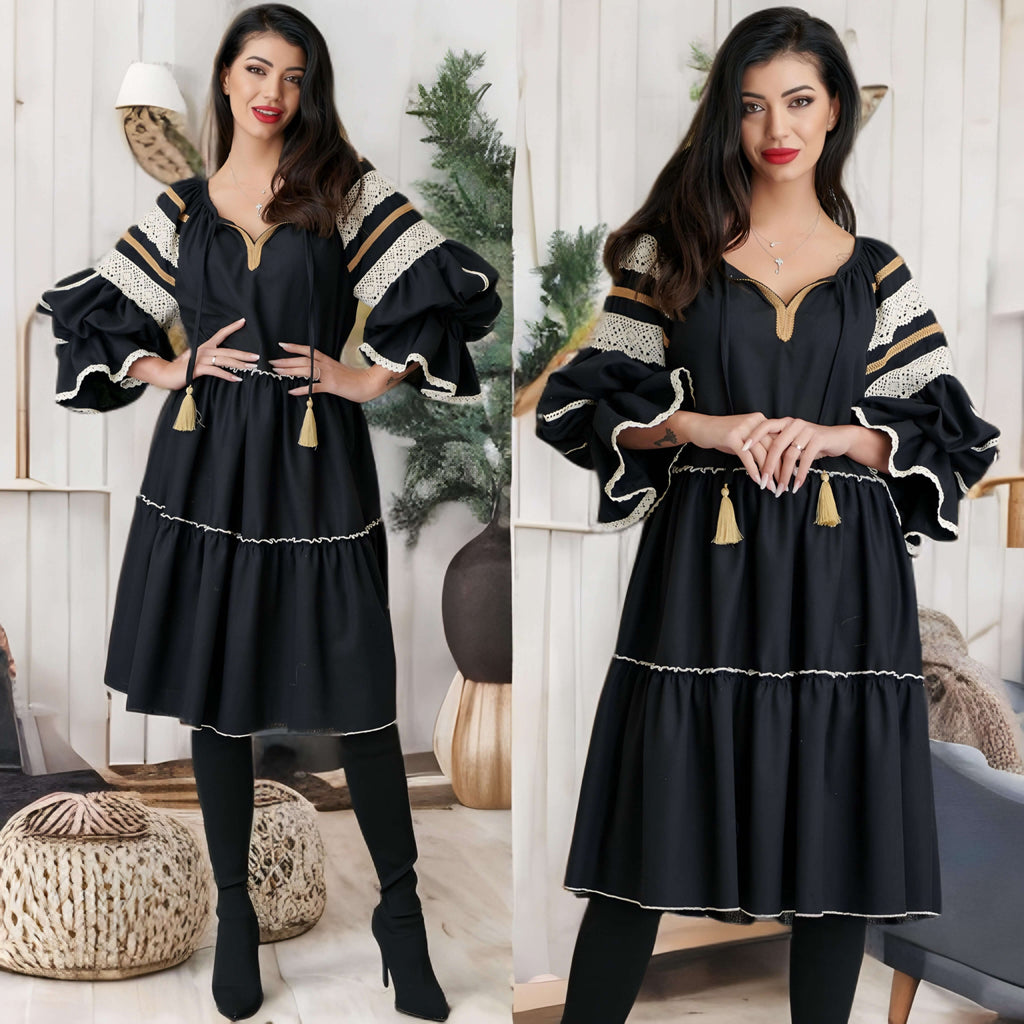 Rochie Nationala neagra din in natural 100%, cu maneci ample - Elisabeta