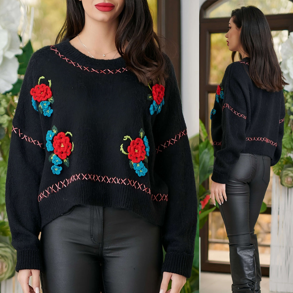 Pulover negru cu broderie cusuta manual - Laura