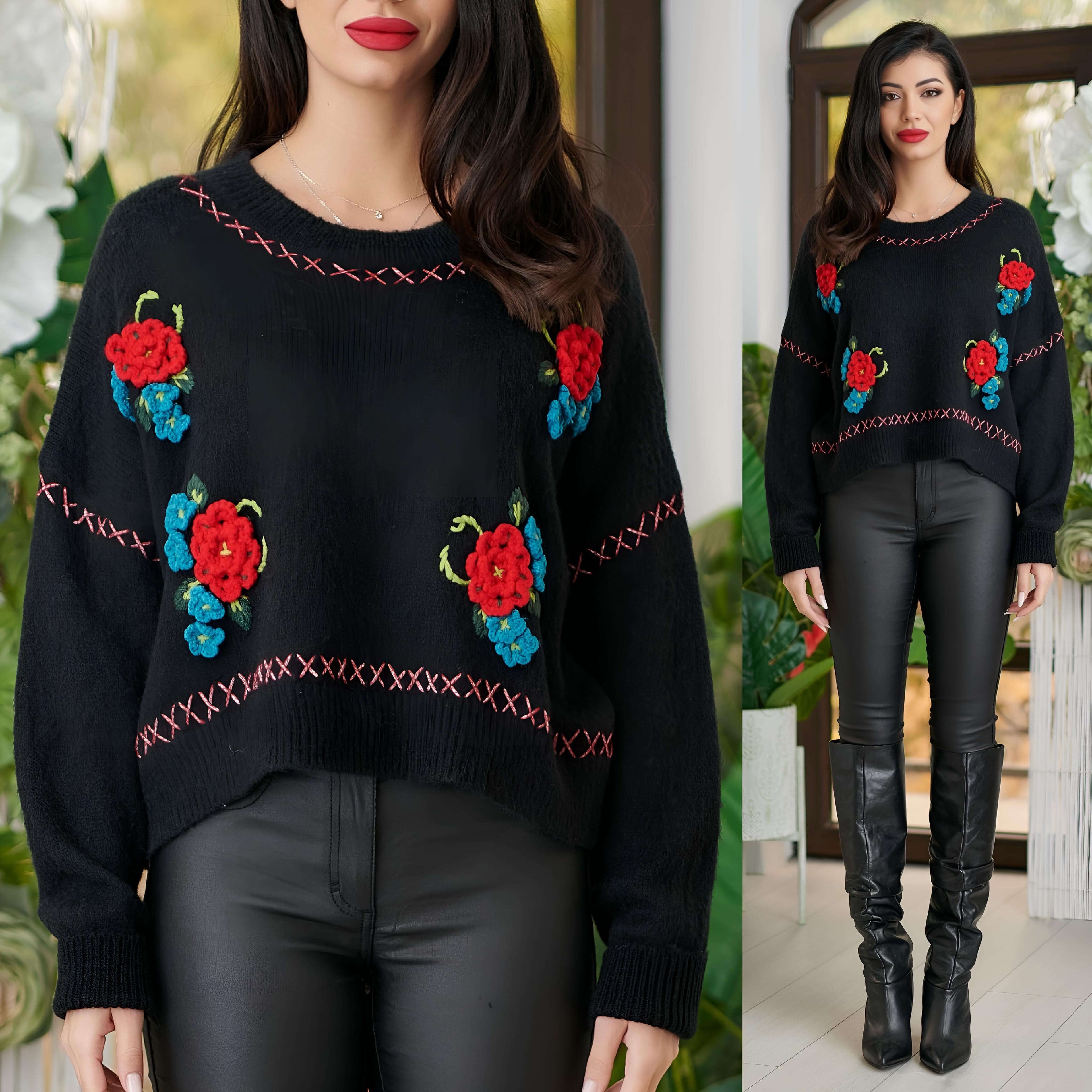 Pulover negru cu broderie cusuta manual - Laura