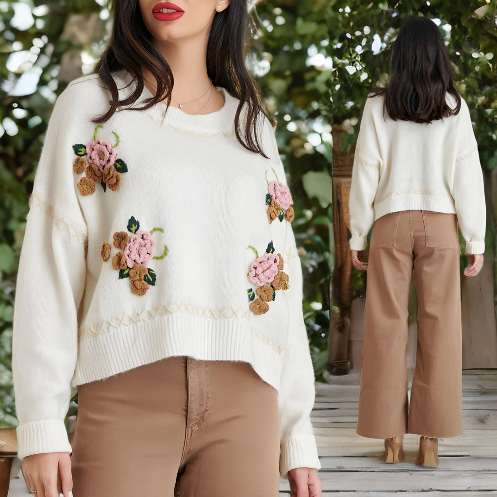 Pulover crem cu broderie cusuta manual - Laura