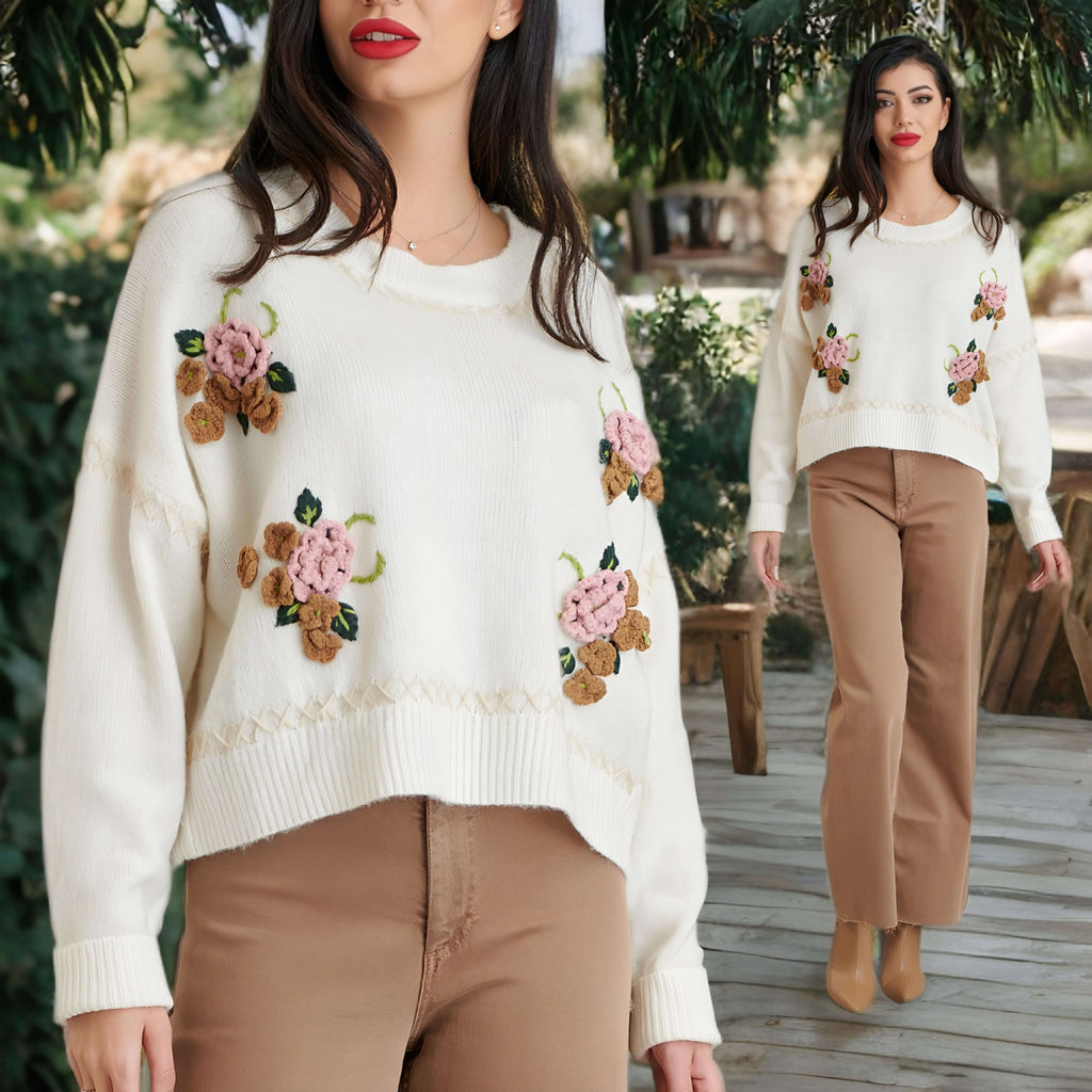 Pulover crem cu broderie cusuta manual - Laura