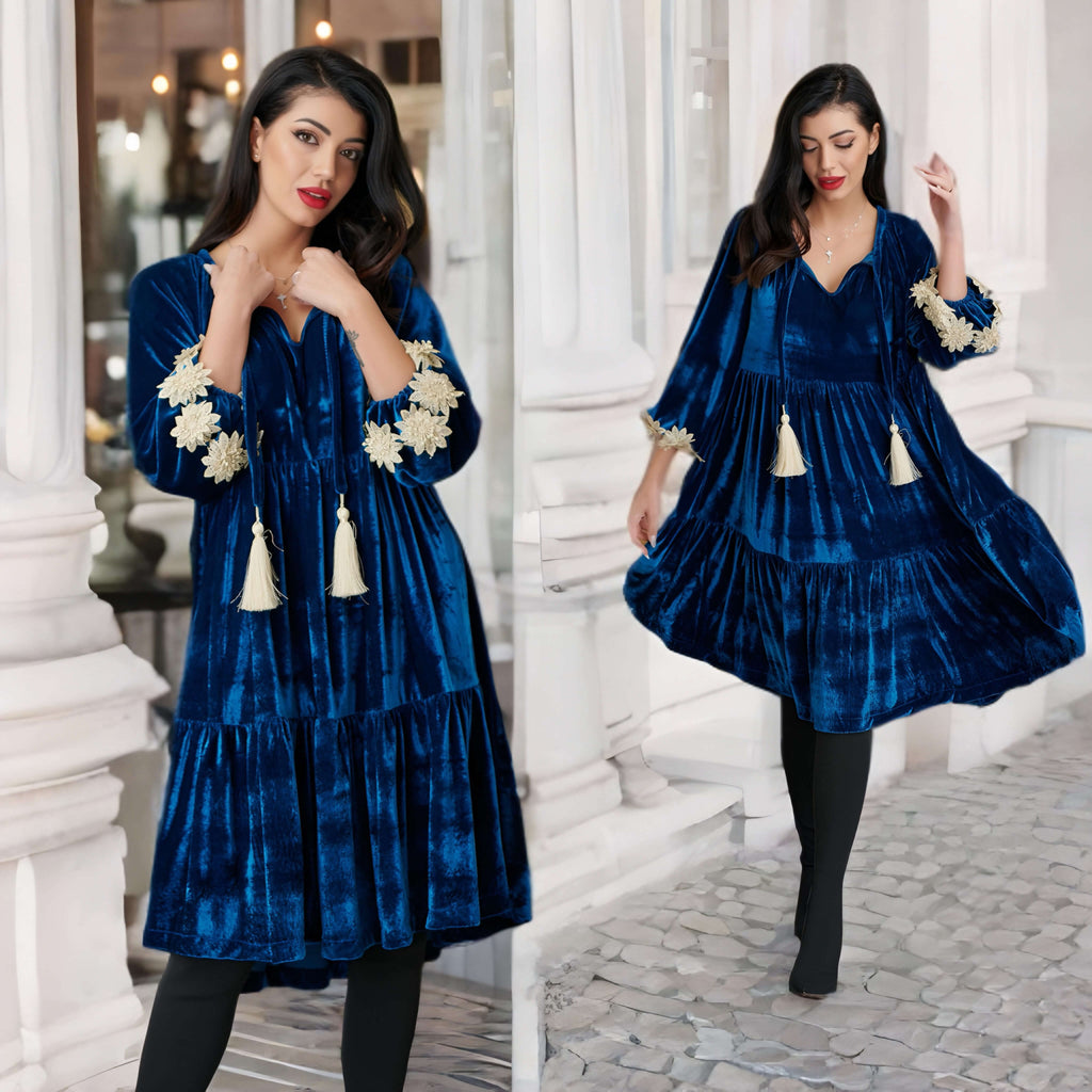 Rochie din catifea turcoaz cu croi vaporos - Elena 04