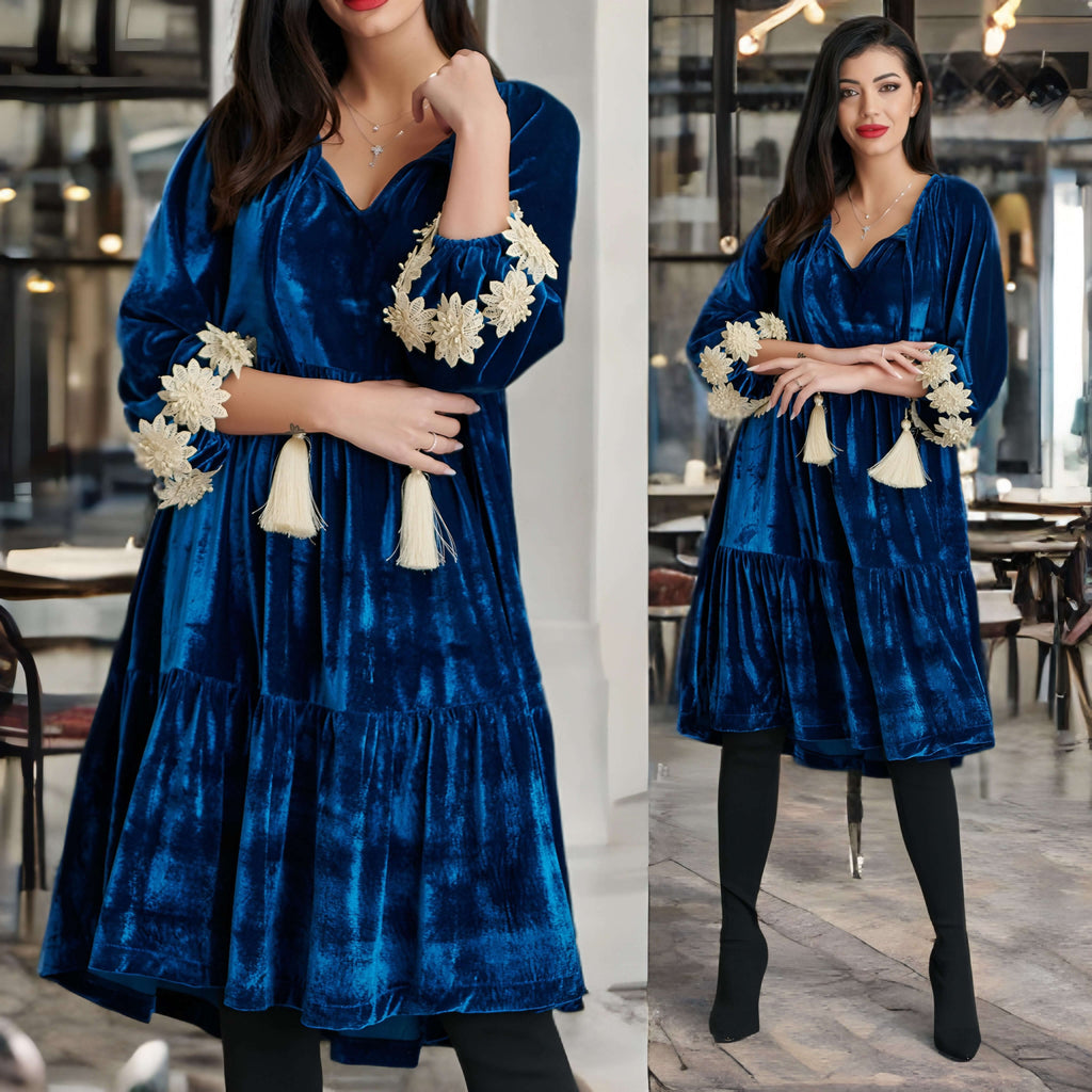 Rochie din catifea turcoaz cu croi vaporos - Elena 04