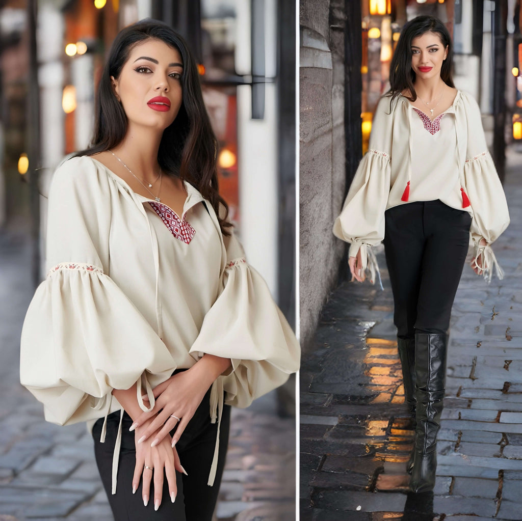 IE Nationala, din in crem cu maneci bufante - Corina