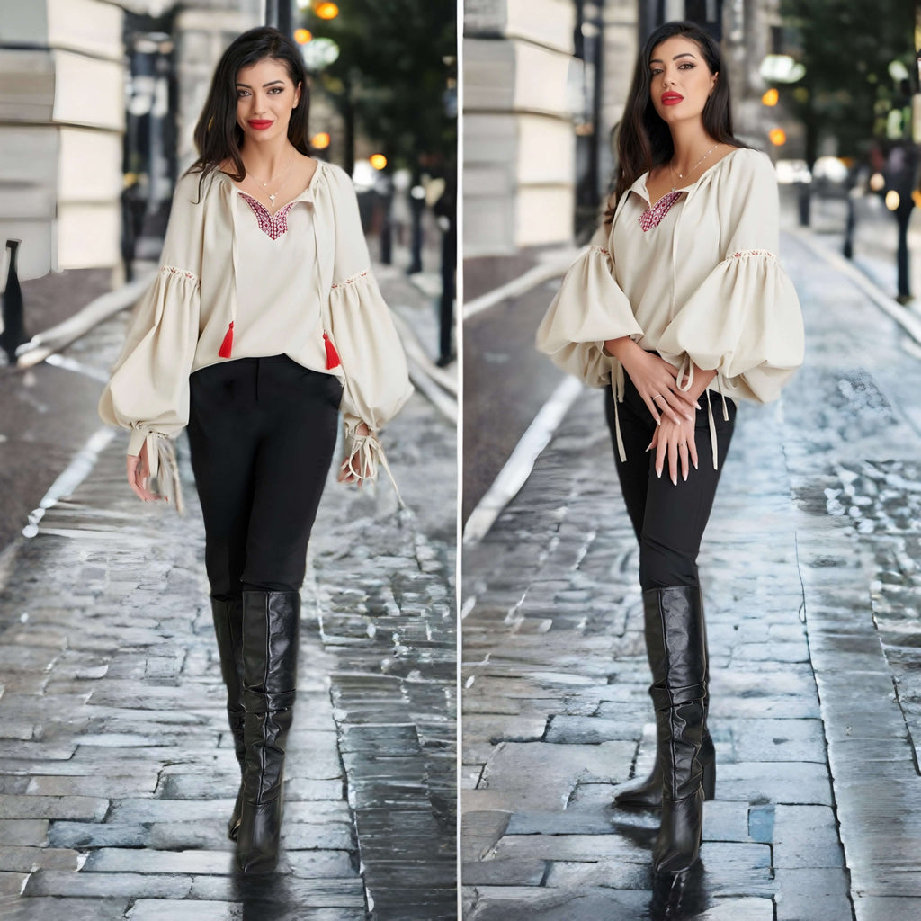 IE Nationala, din in crem cu maneci bufante - Corina