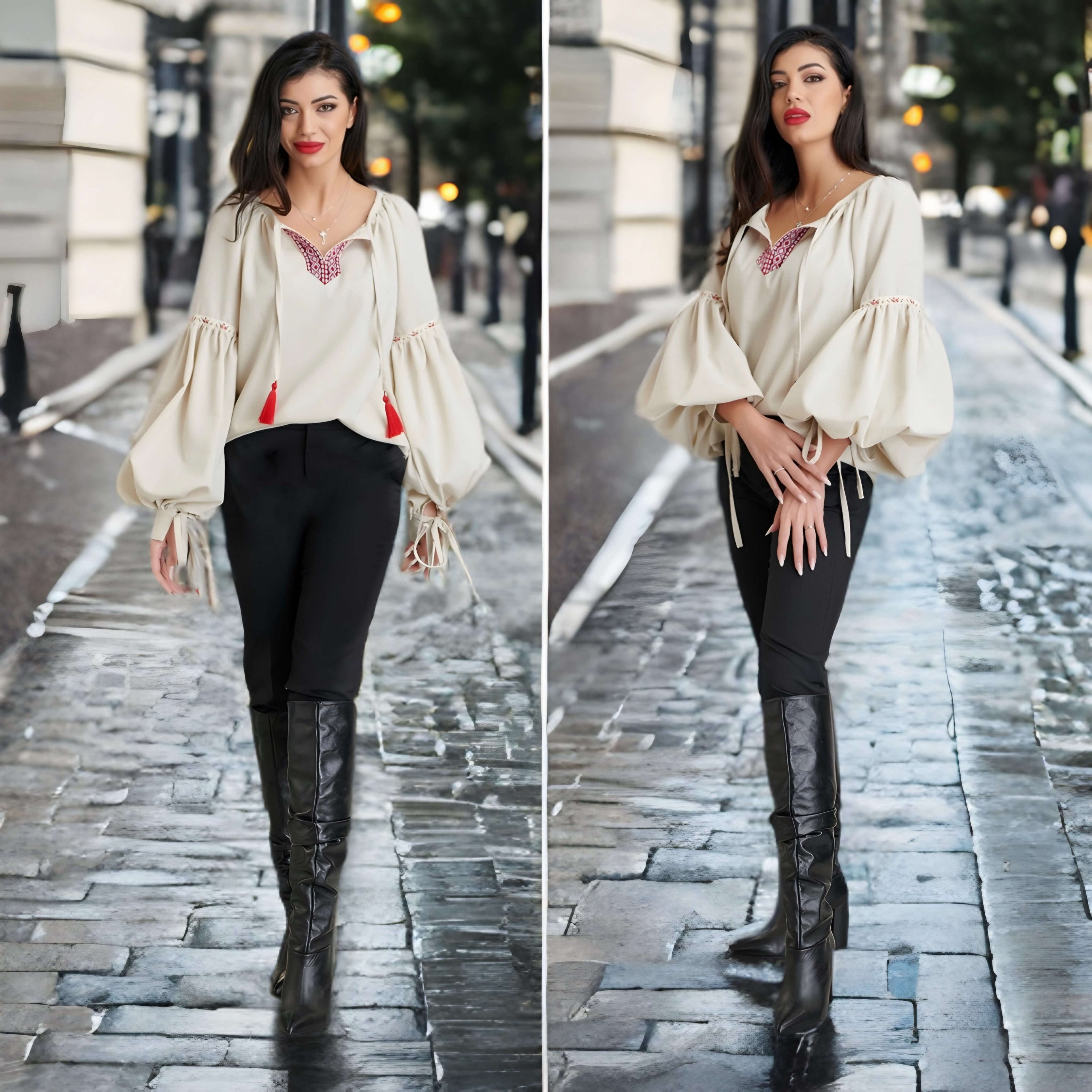 IE Nationala, din in crem cu maneci bufante - Corina