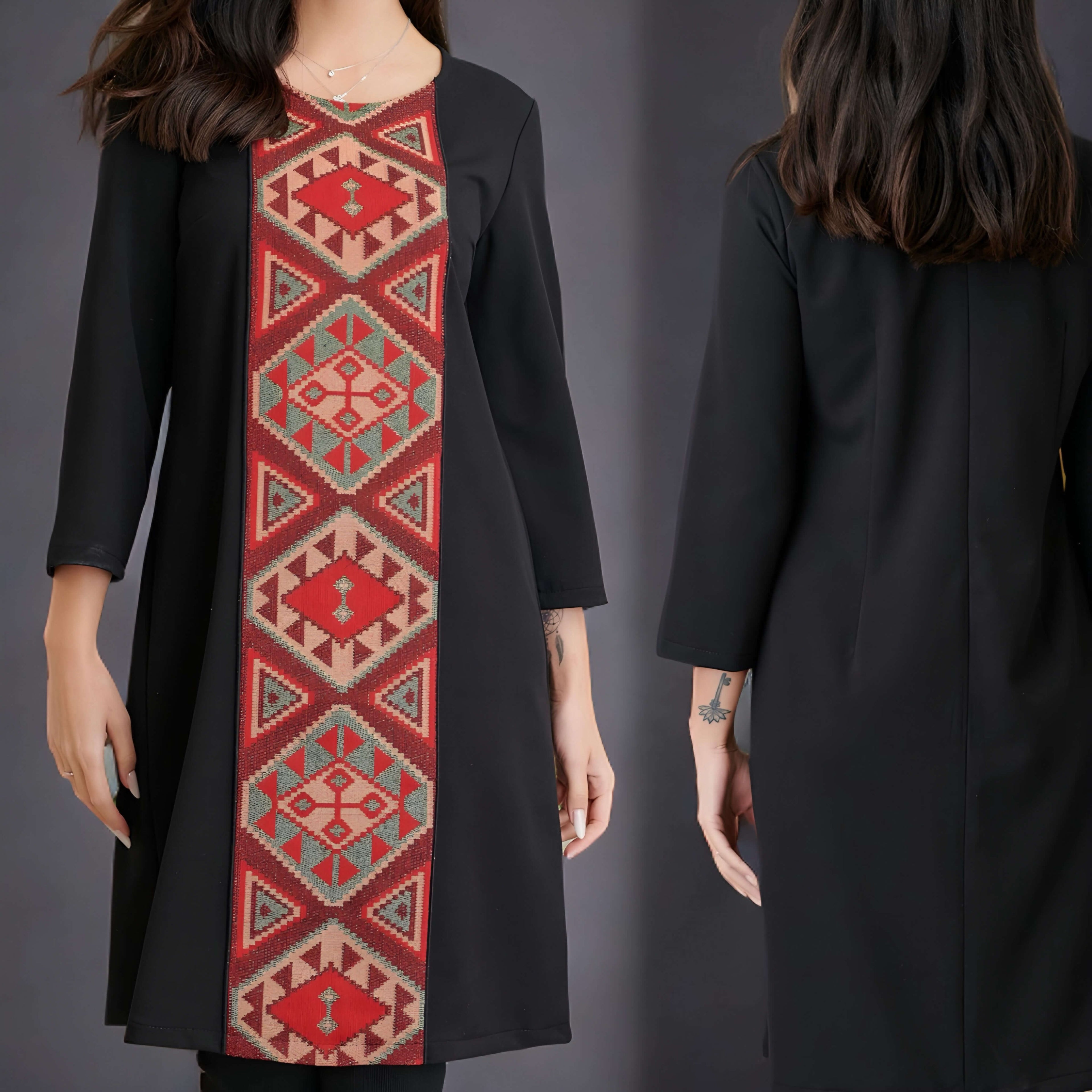 Rochie neagra cu model traditional tesut si croi drept - Valentina 06